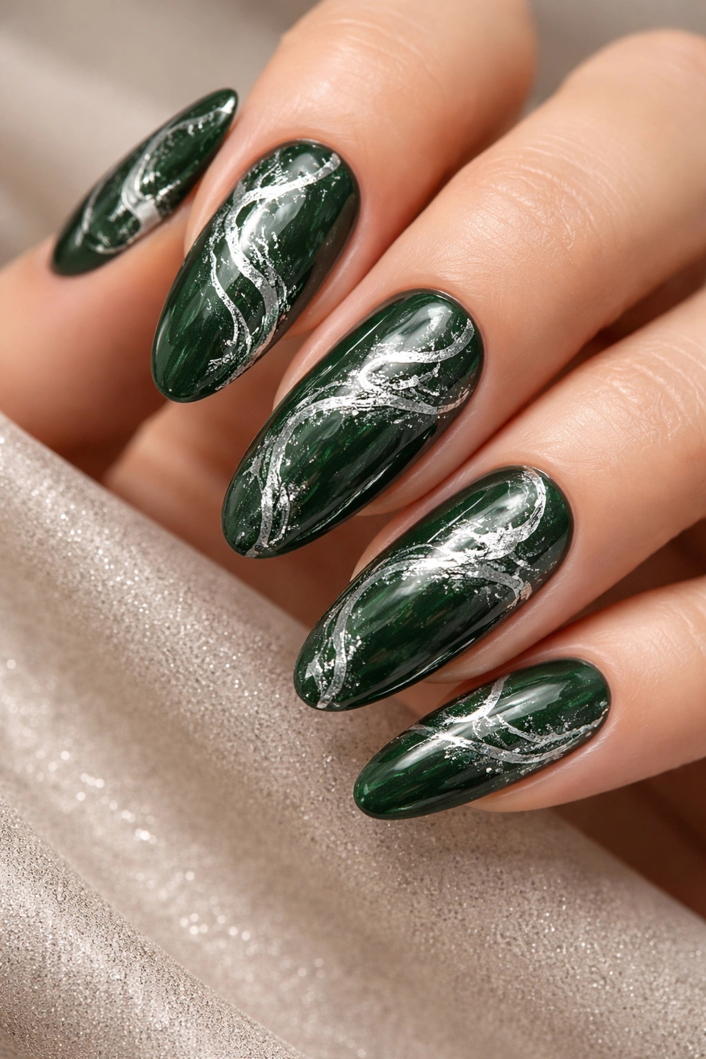 Long oval nails forest green with silver foil marble swirl