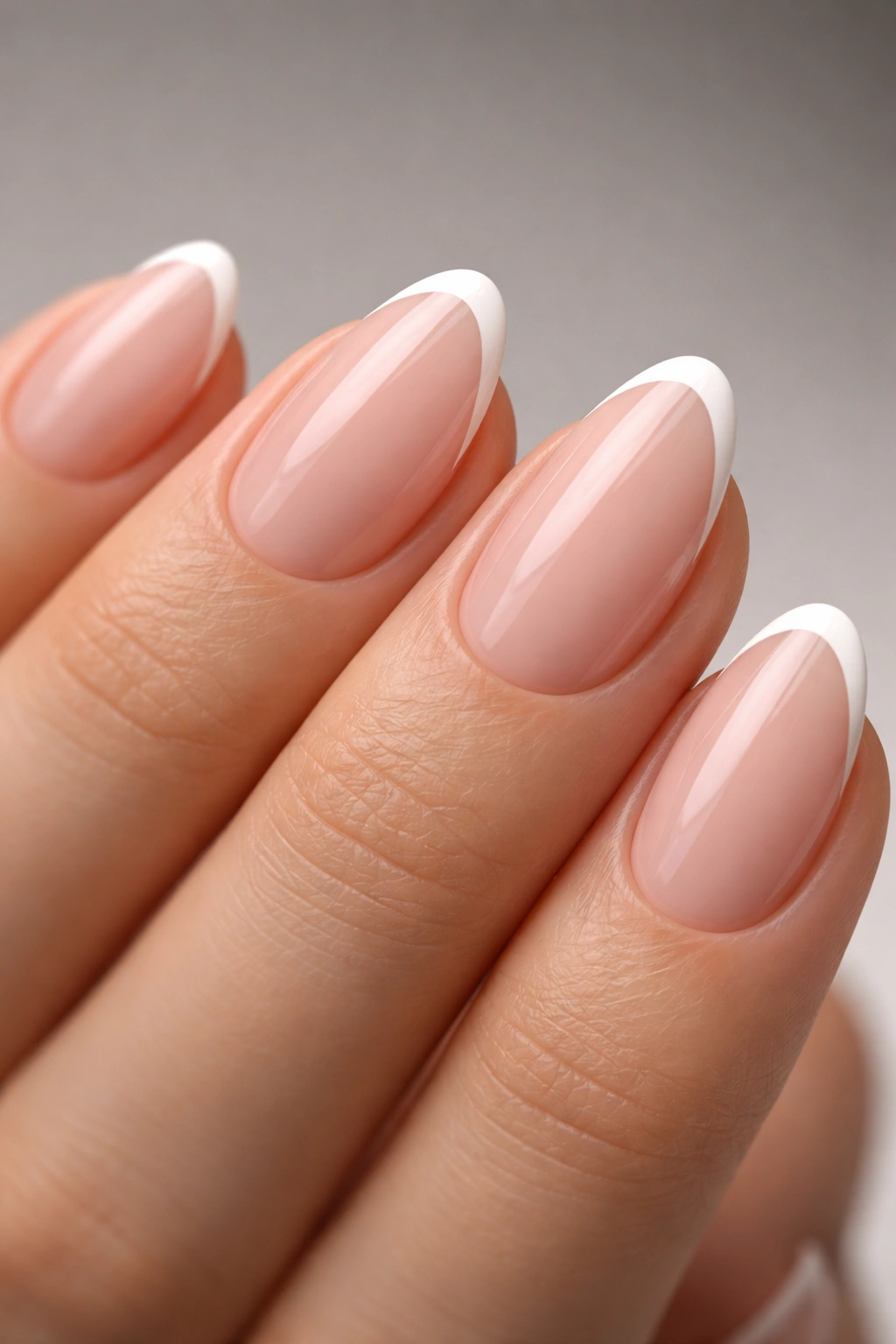 Close-up of an extra-short almond nail with a classic thin white French tip on a sheer pink base.