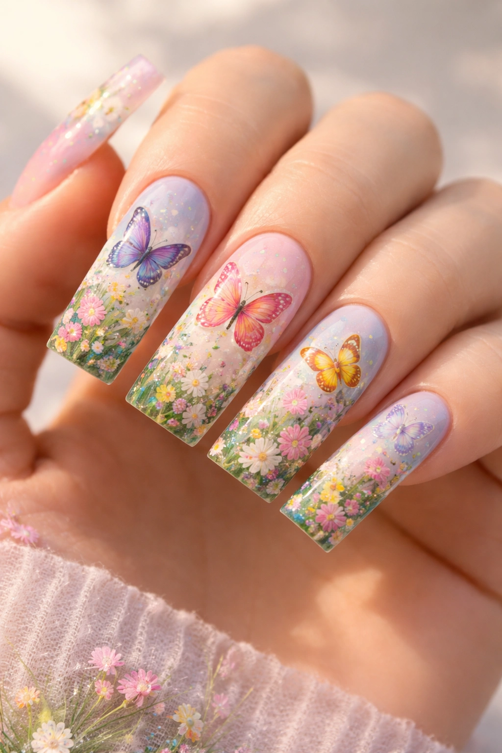 Five-nail garden scene across duck nails showing flowers and butterflies