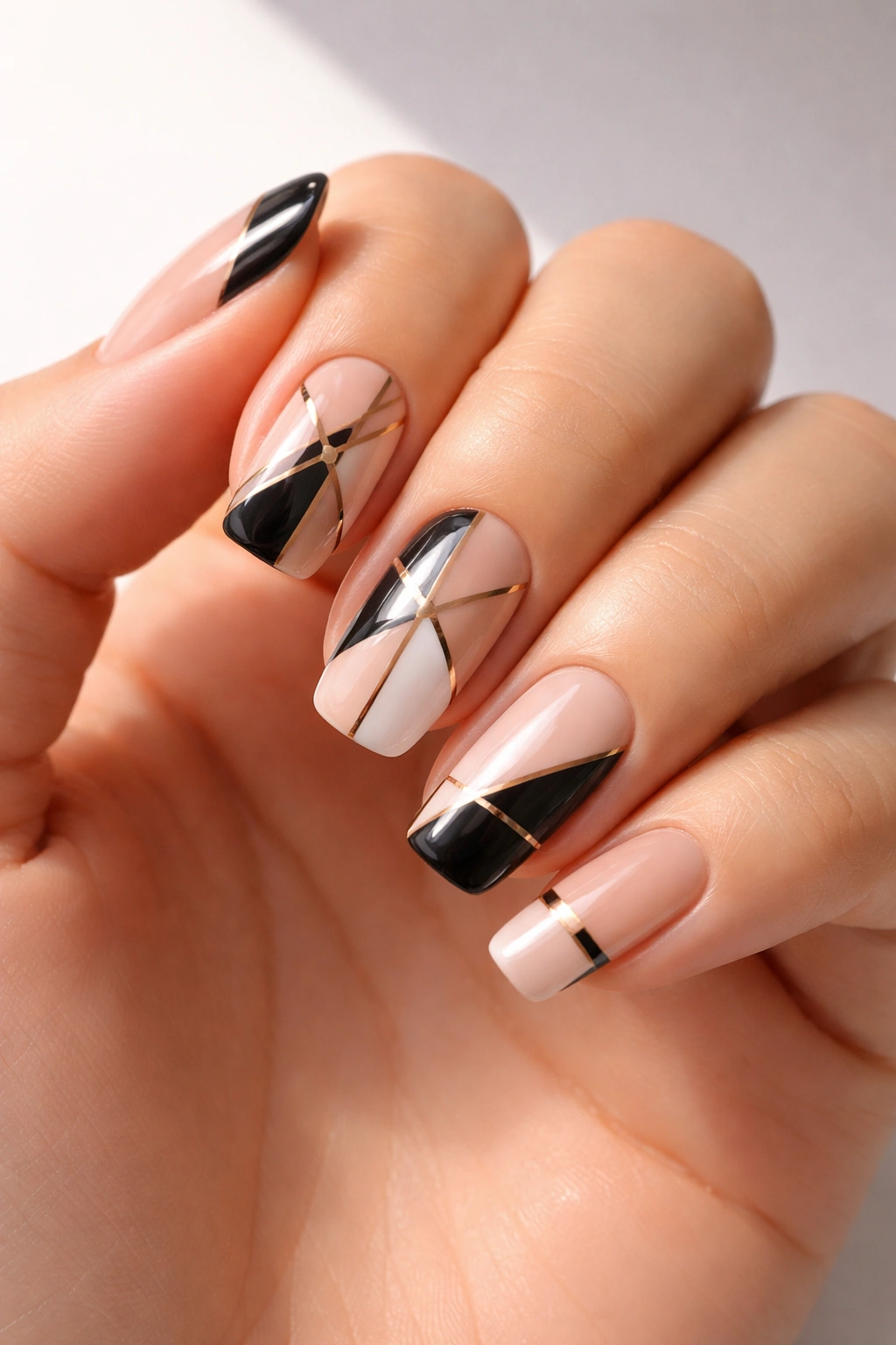 Squoval nails with geometric nail art designs