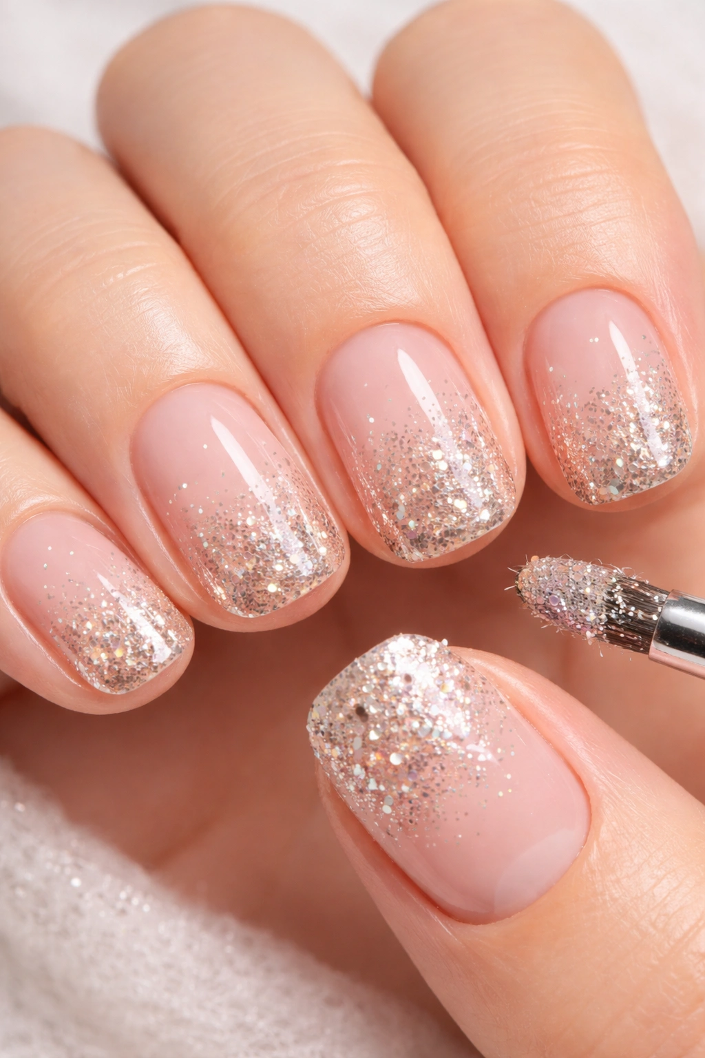 Close-up of short nails with tip glitter and layered sparkle