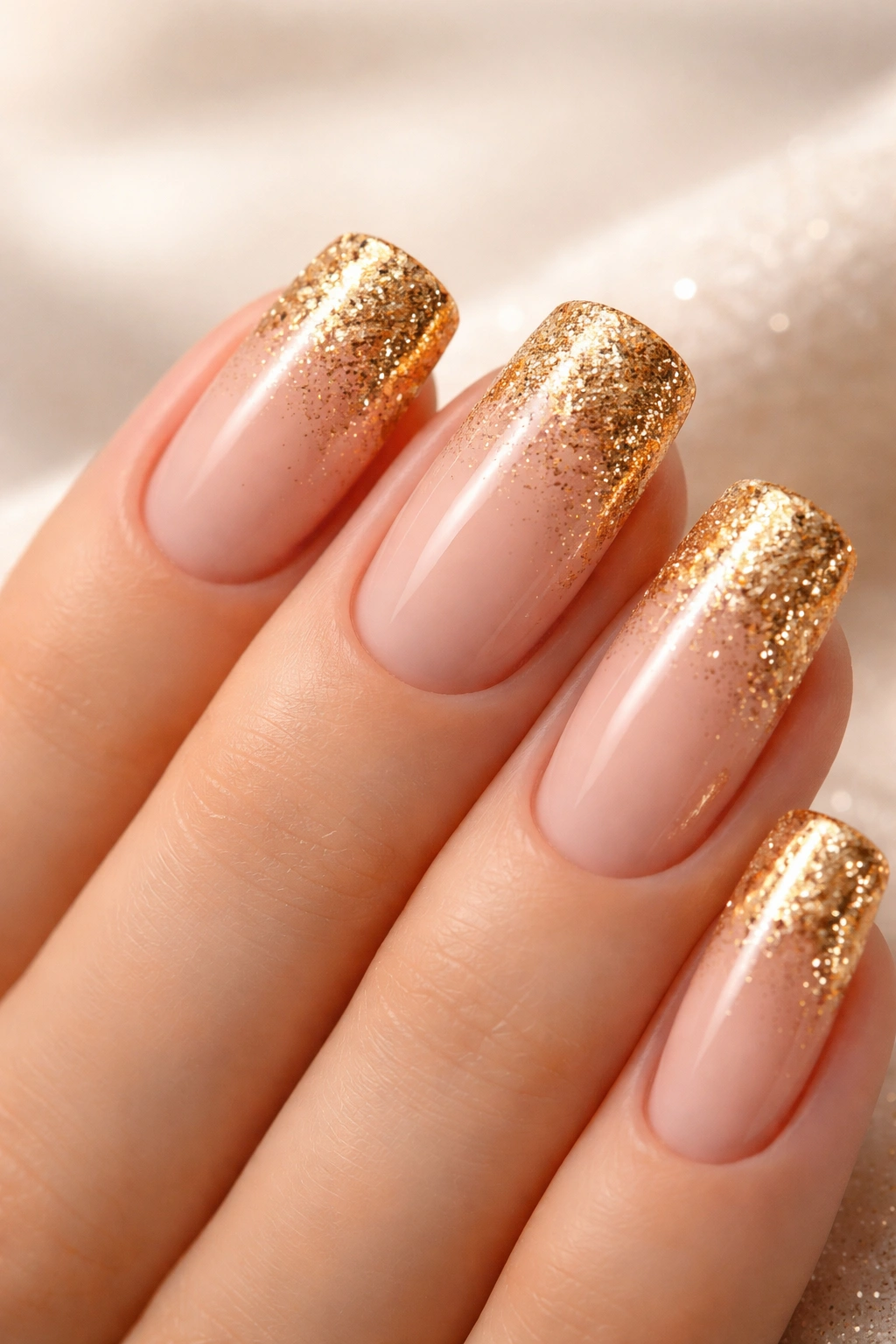 Nails with glitter gradient at tips on nude base