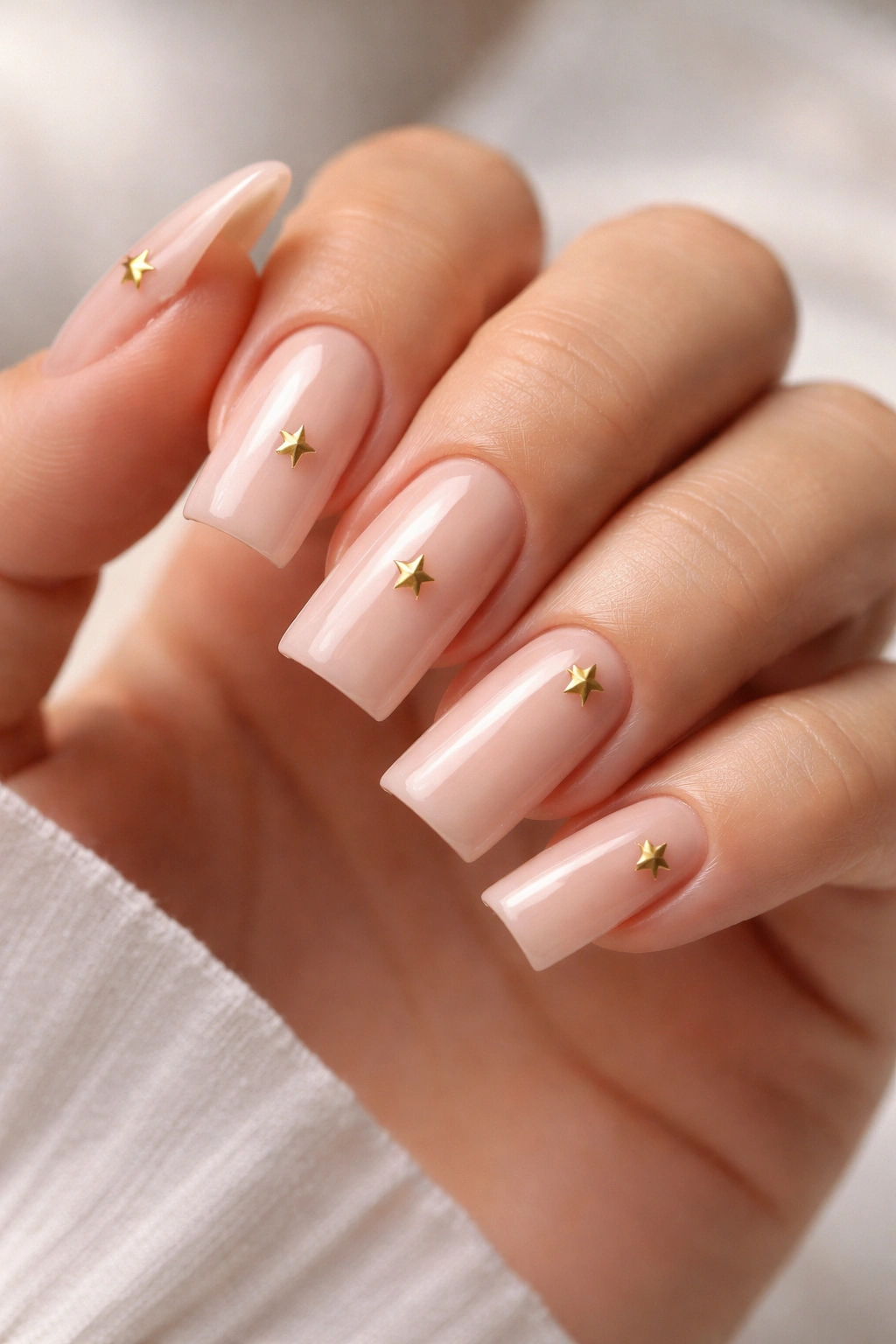 Nail close-up with single gold star on each nail in different placements