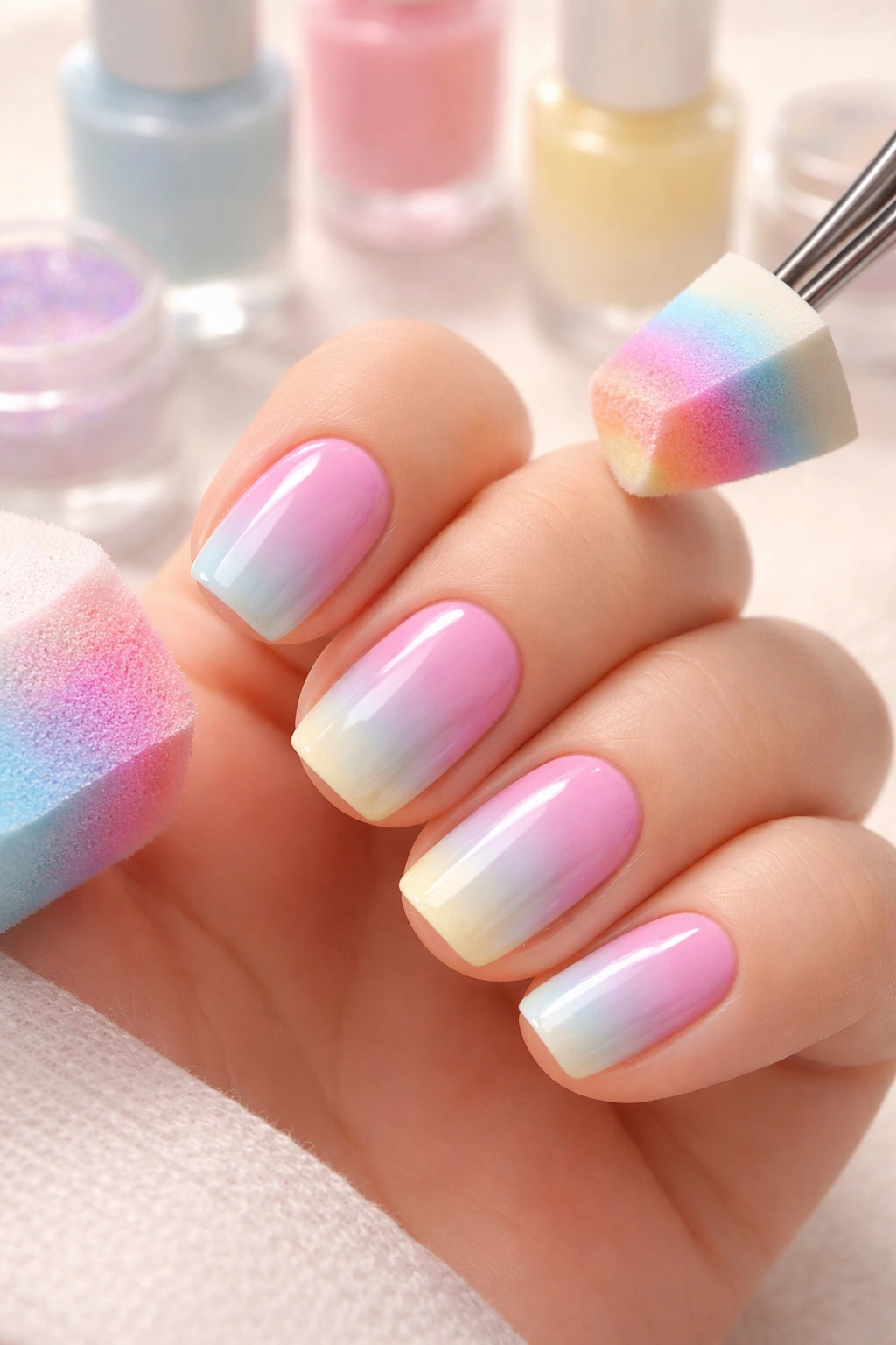 Close-up of short nails with pastel gradient from base to tip