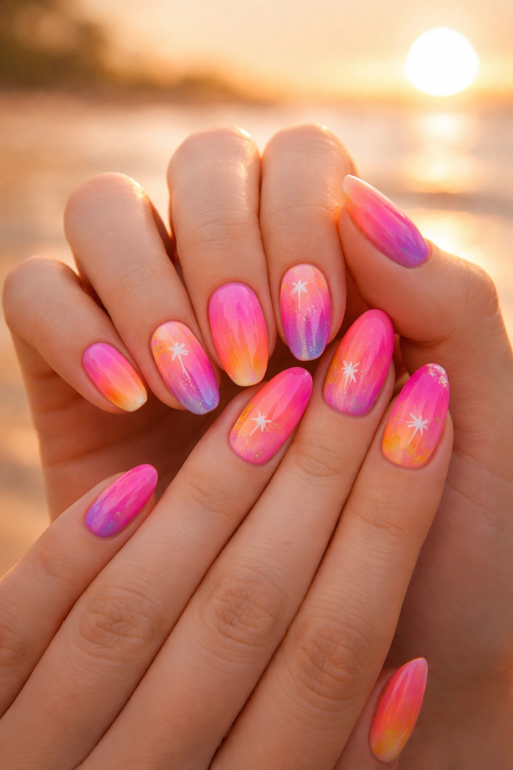 Two hands with tropical sunset gradient nails, mirrored for best friends.