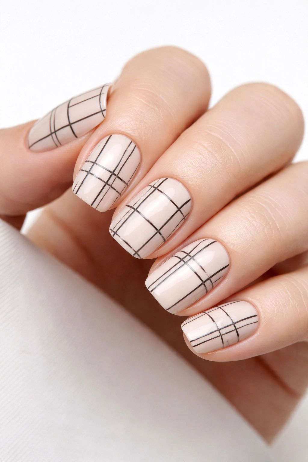 Close-up of short squoval nails with a monochrome grid pattern on a pale base