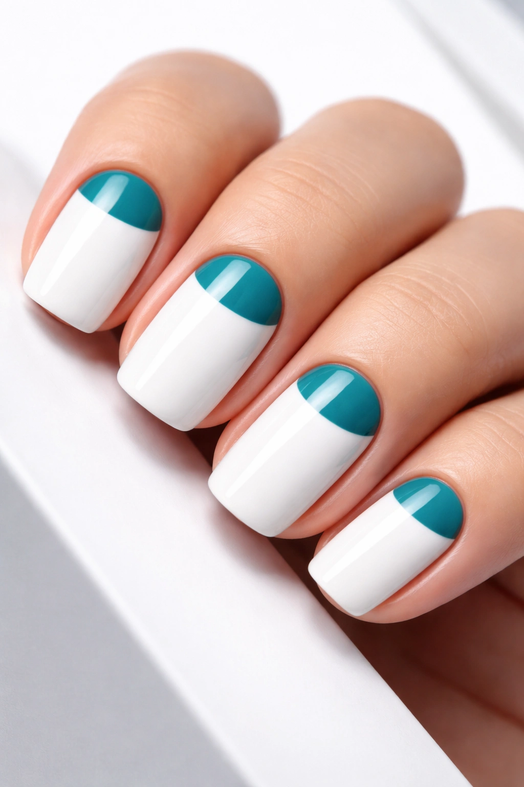 Nails with teal half-moon at cuticle on white nail base