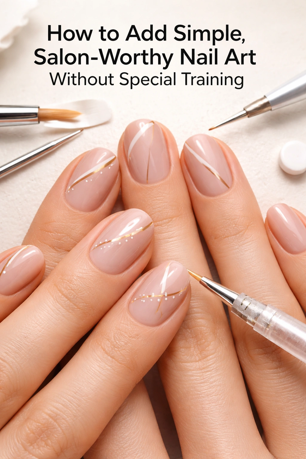 Close-up of hands with simple geometric nail art on natural nails