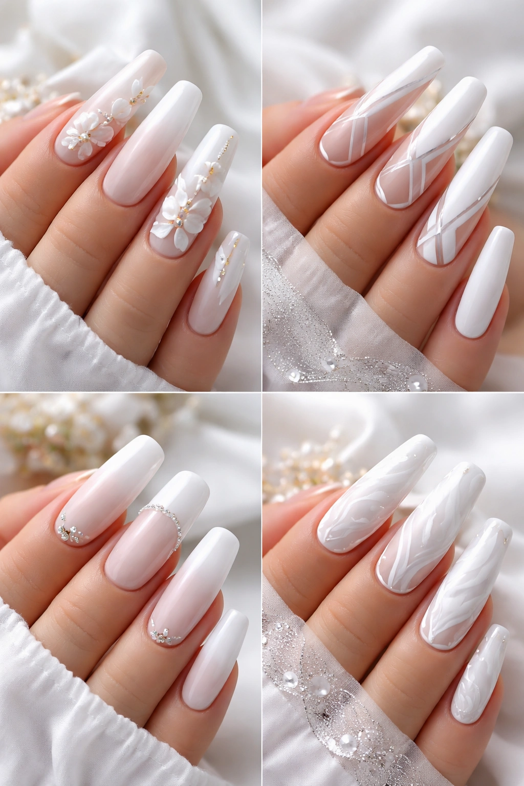 White acrylic nails with floral and geometric nail art on a hand.
