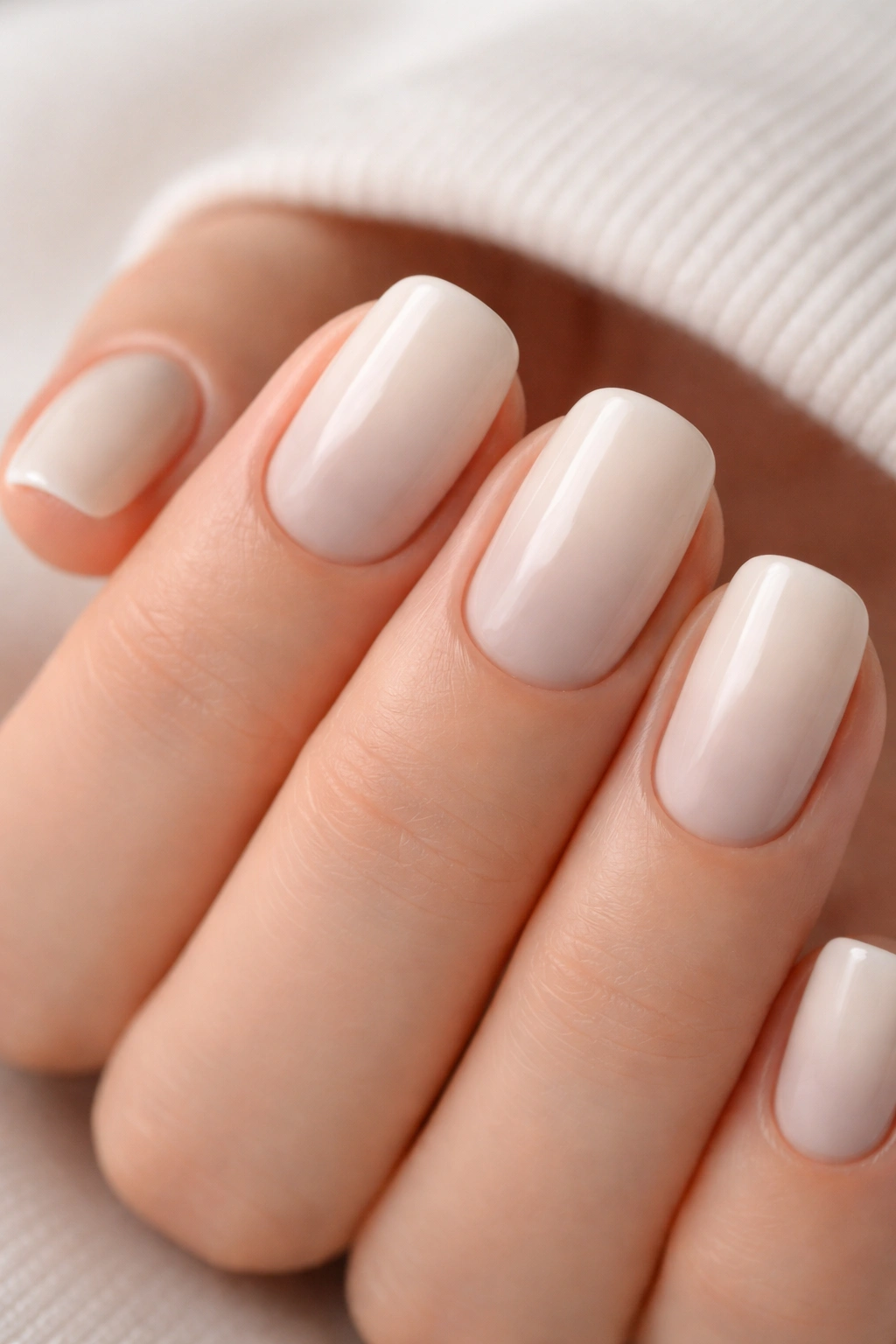 Close-up of ivory nails with subtle gray ombré shading on short squoval nails