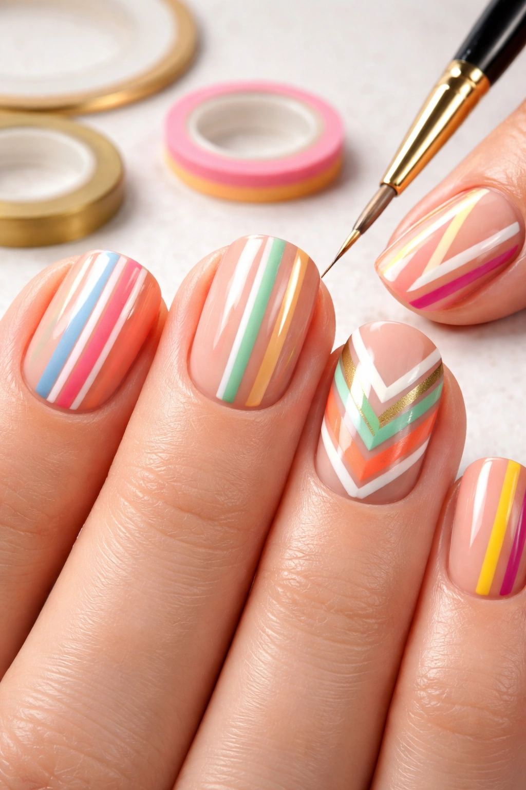 Close-up of short nails with clean lines and chevron geometric patterns