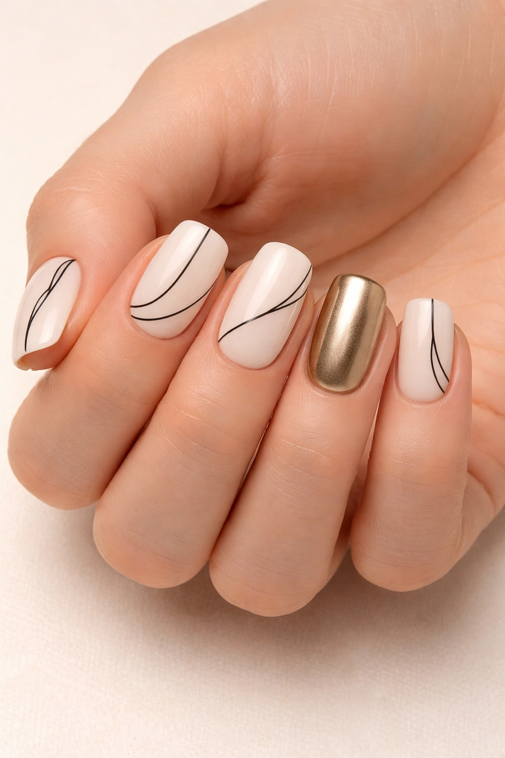 Close-up of a hand with ten short squoval nails showing nine nails with thin black lines and one metallic accent nail