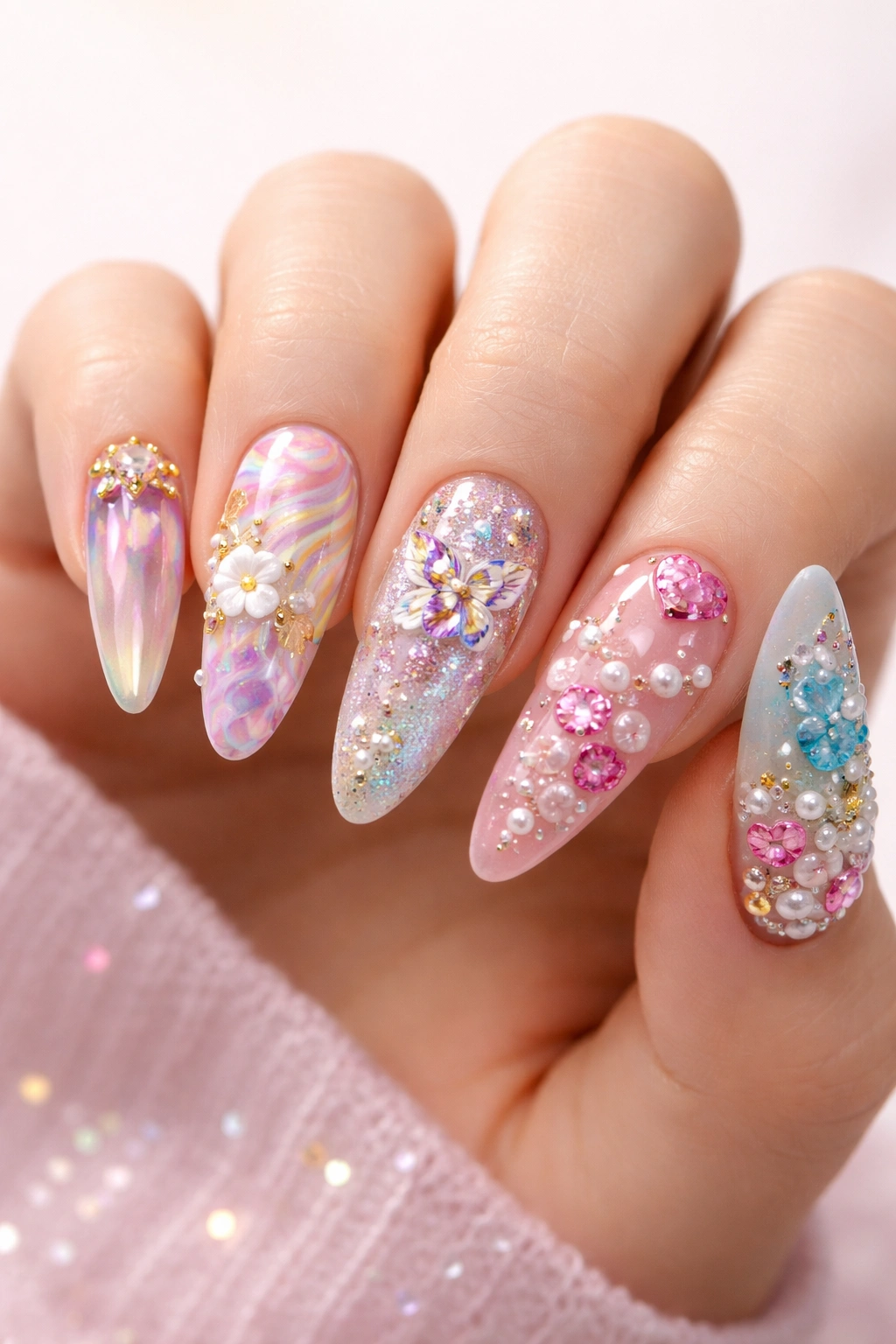 Close-up of long nails with intricate nail art designs