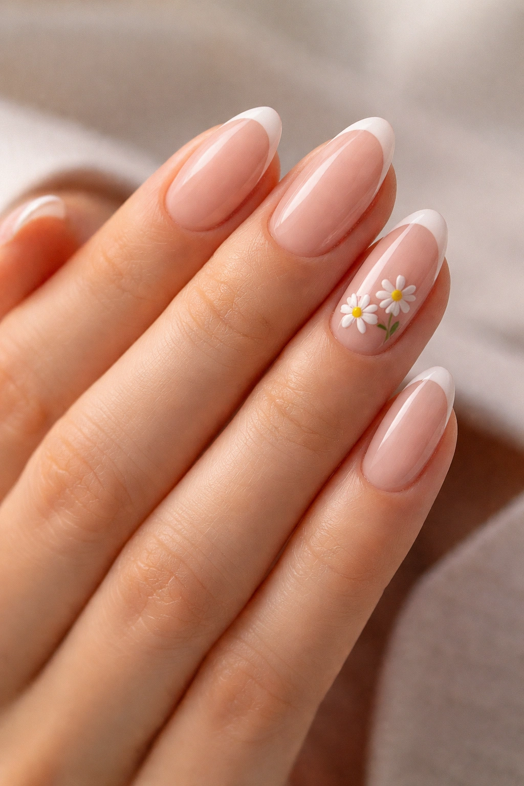 Close-up of long oval nails with micro French tips and delicate tiny daisies