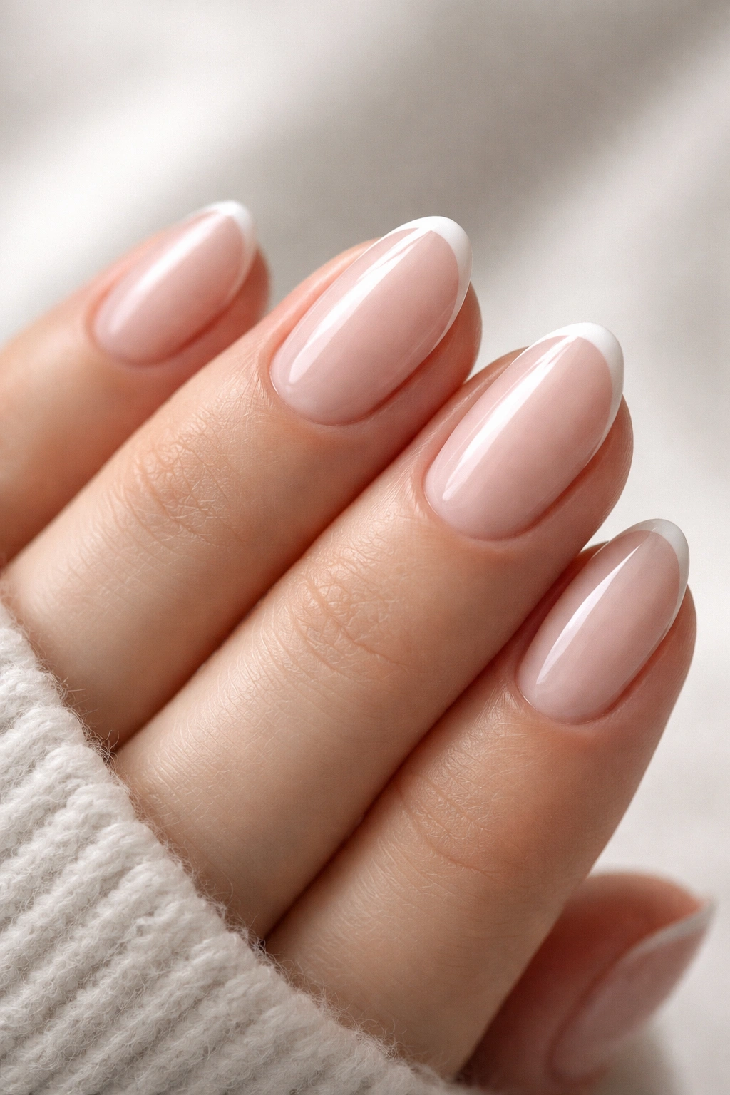 Close-up of an extra-short almond nail with milky base and micro French edge.