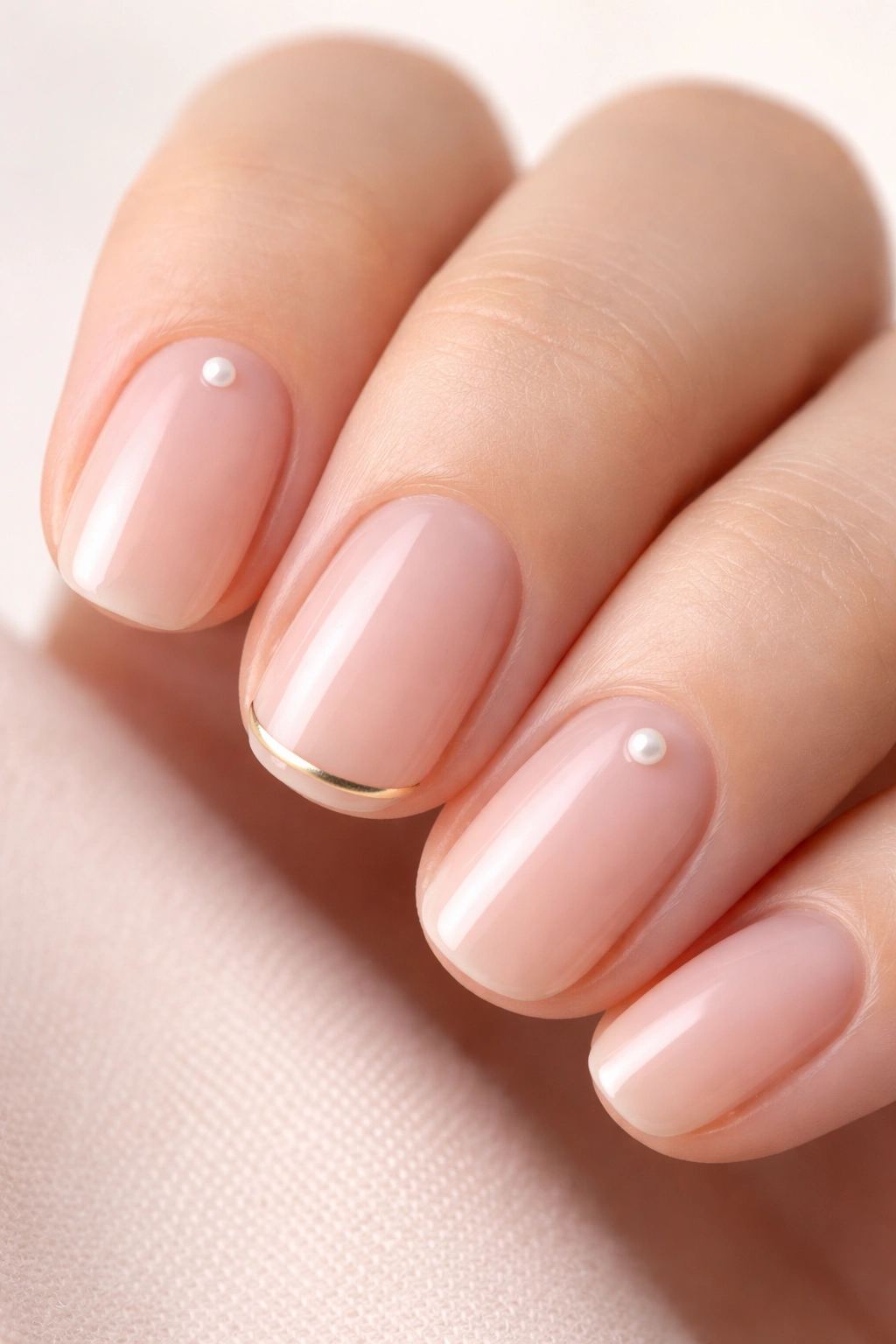 Close-up of nails with minimalist accents including a dot, stripe, and pearl on a neutral background