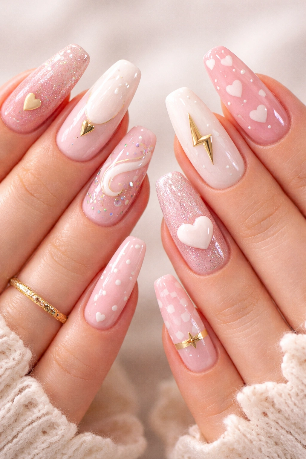 Close-up of two hands with long nails displaying mismatched designs in a pink, white, and gold palette