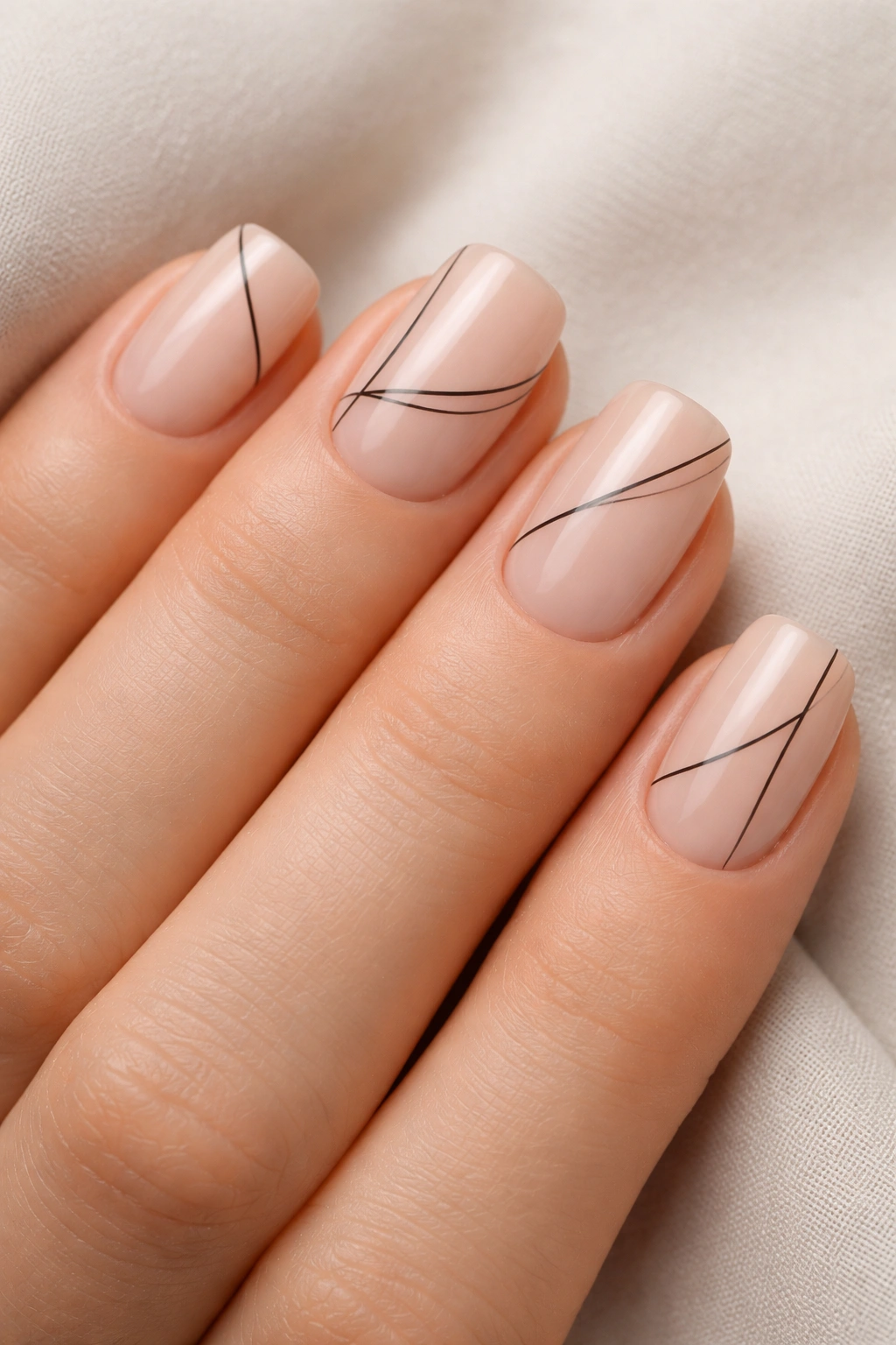 Close-up of short squoval nails showing negative space with fine lines