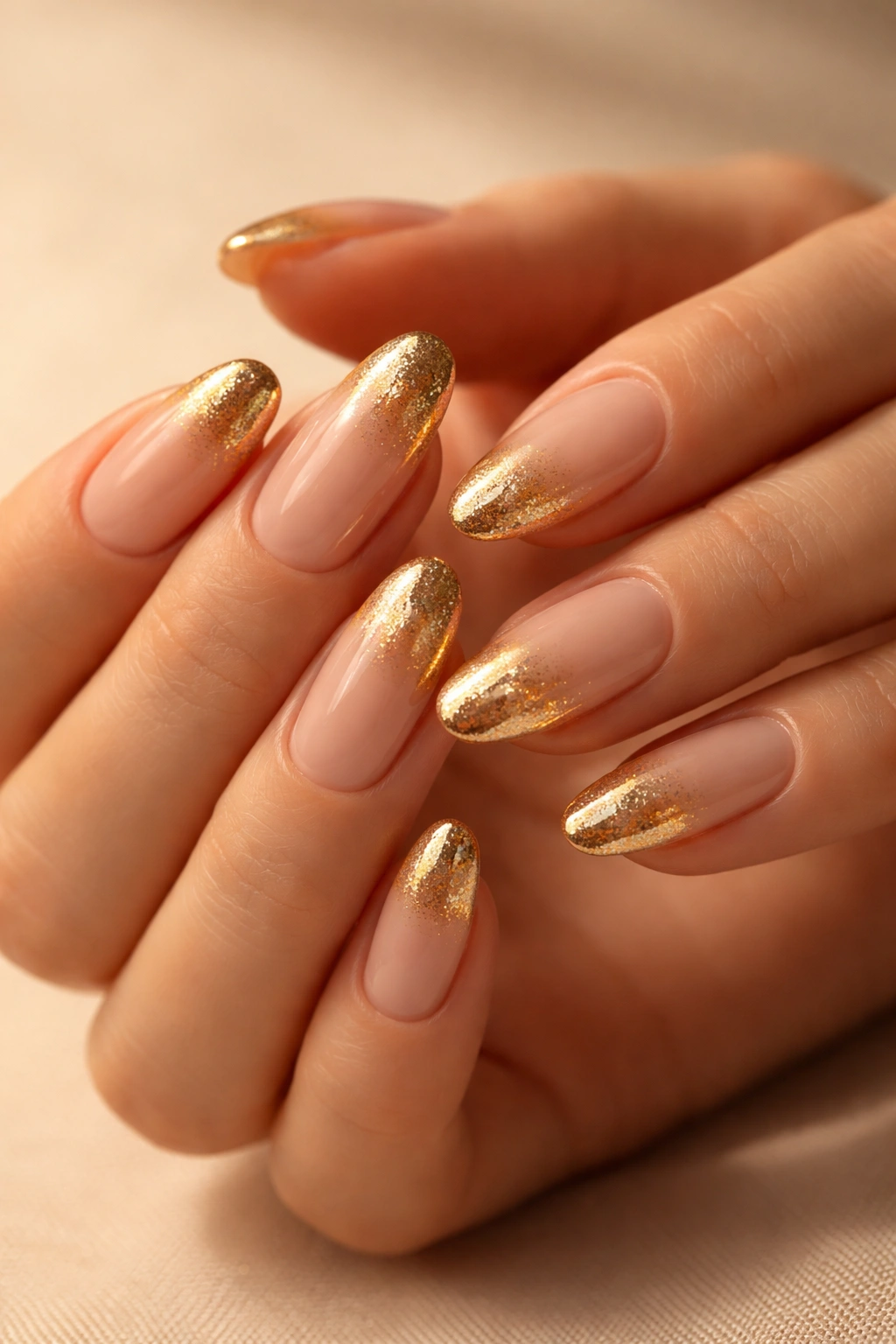 Close-up of nails with nude-to-gold ombre gradient from base to tip