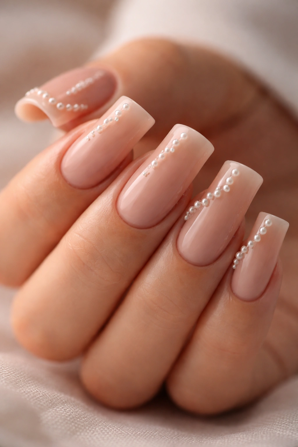 Close-up of curved nude nails with pearl accents on the curved edge