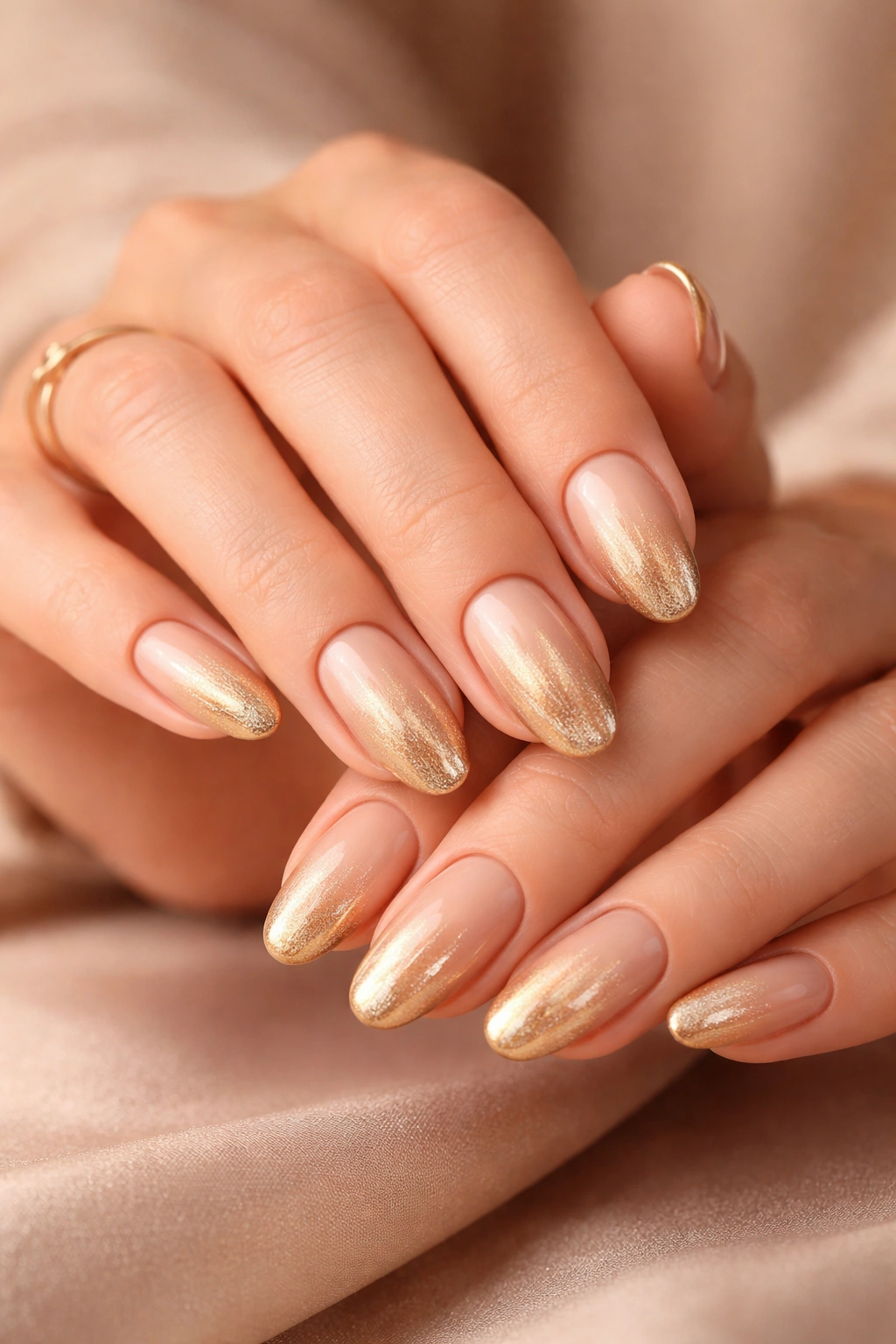 Champagne to gold ombre nails on hands suitable for events and work