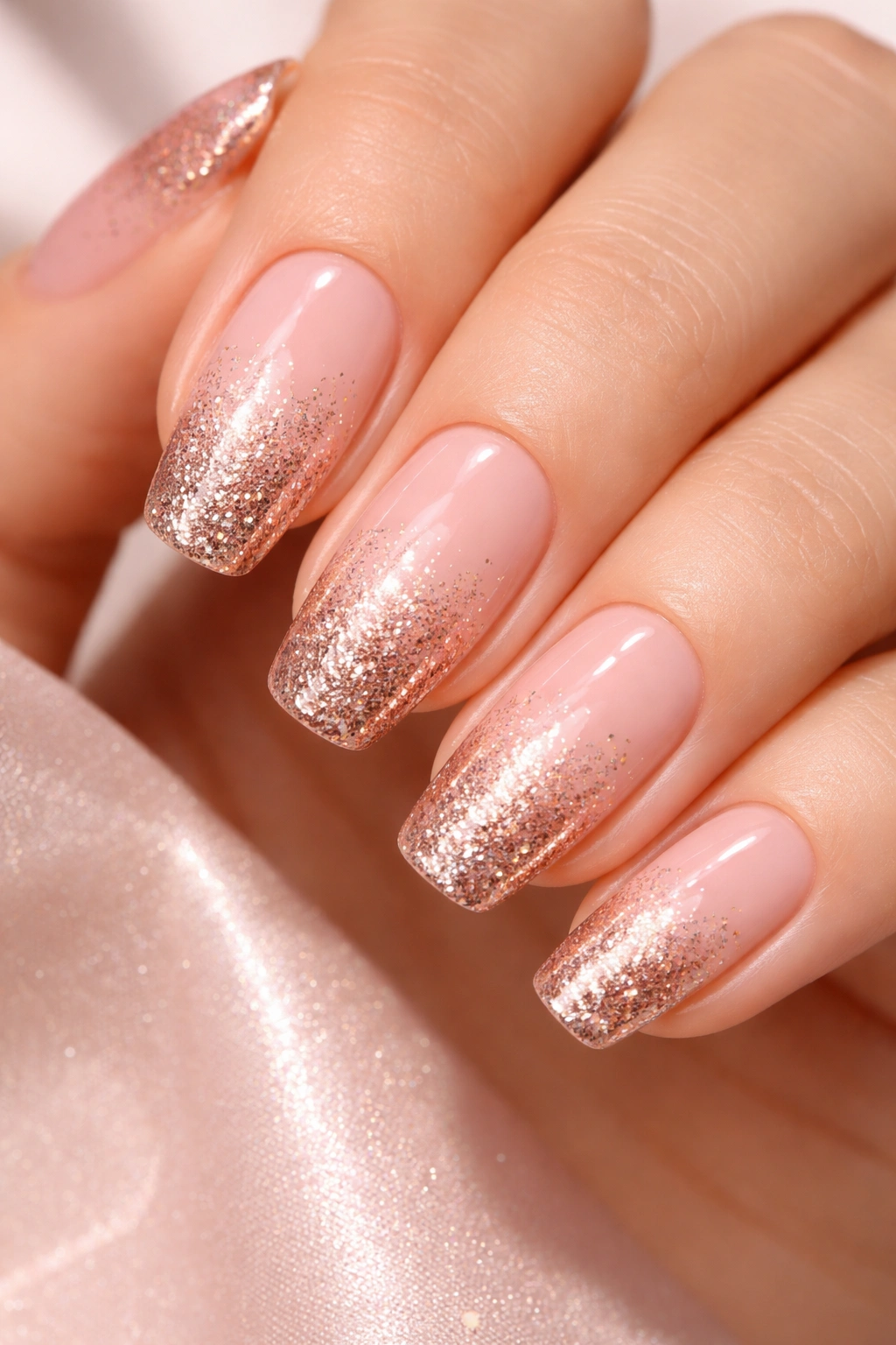 Close-up of nails with blush pink to rose gold glitter ombre