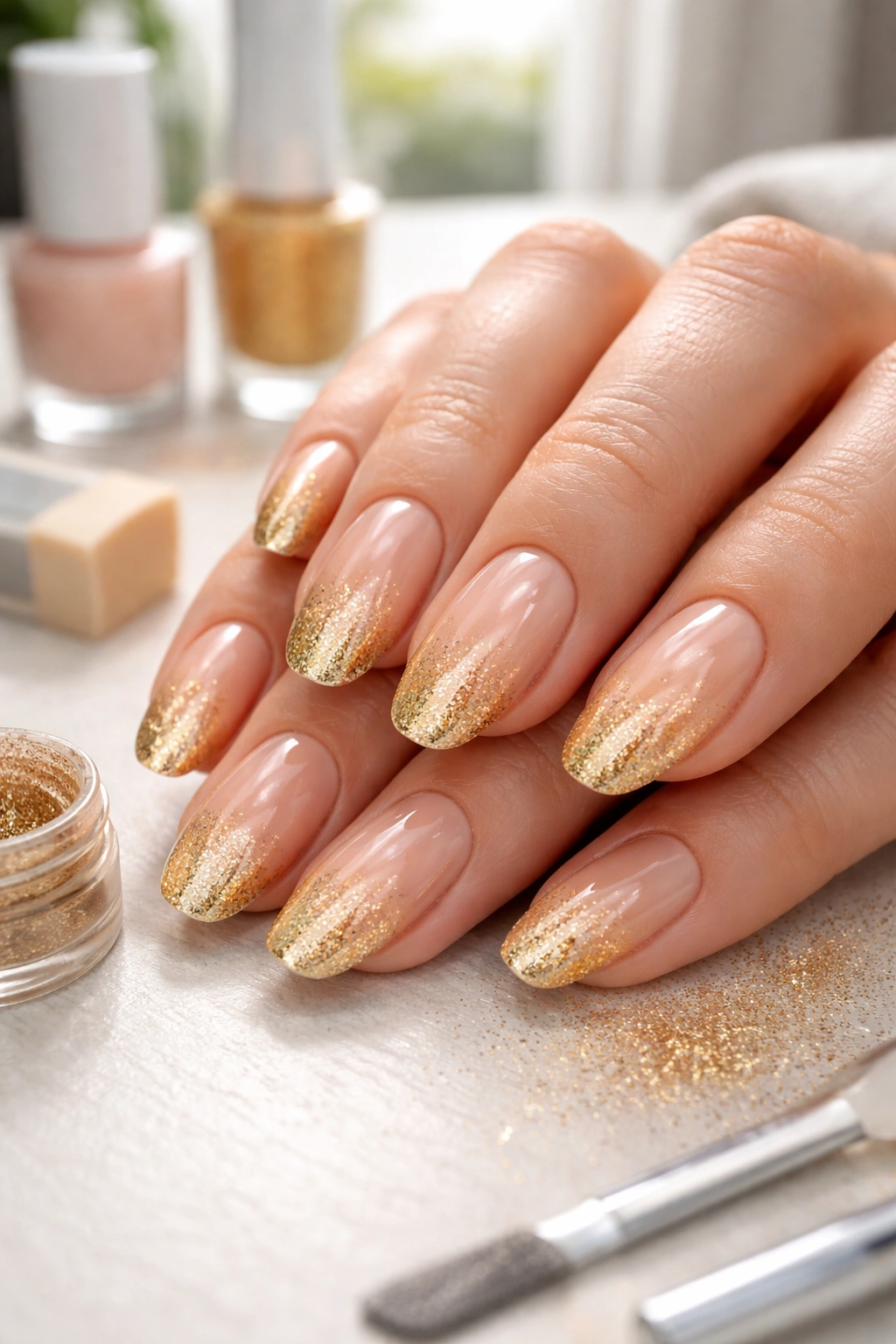 Close-up of nude-to-gold ombre nails during a DIY at-home manicure