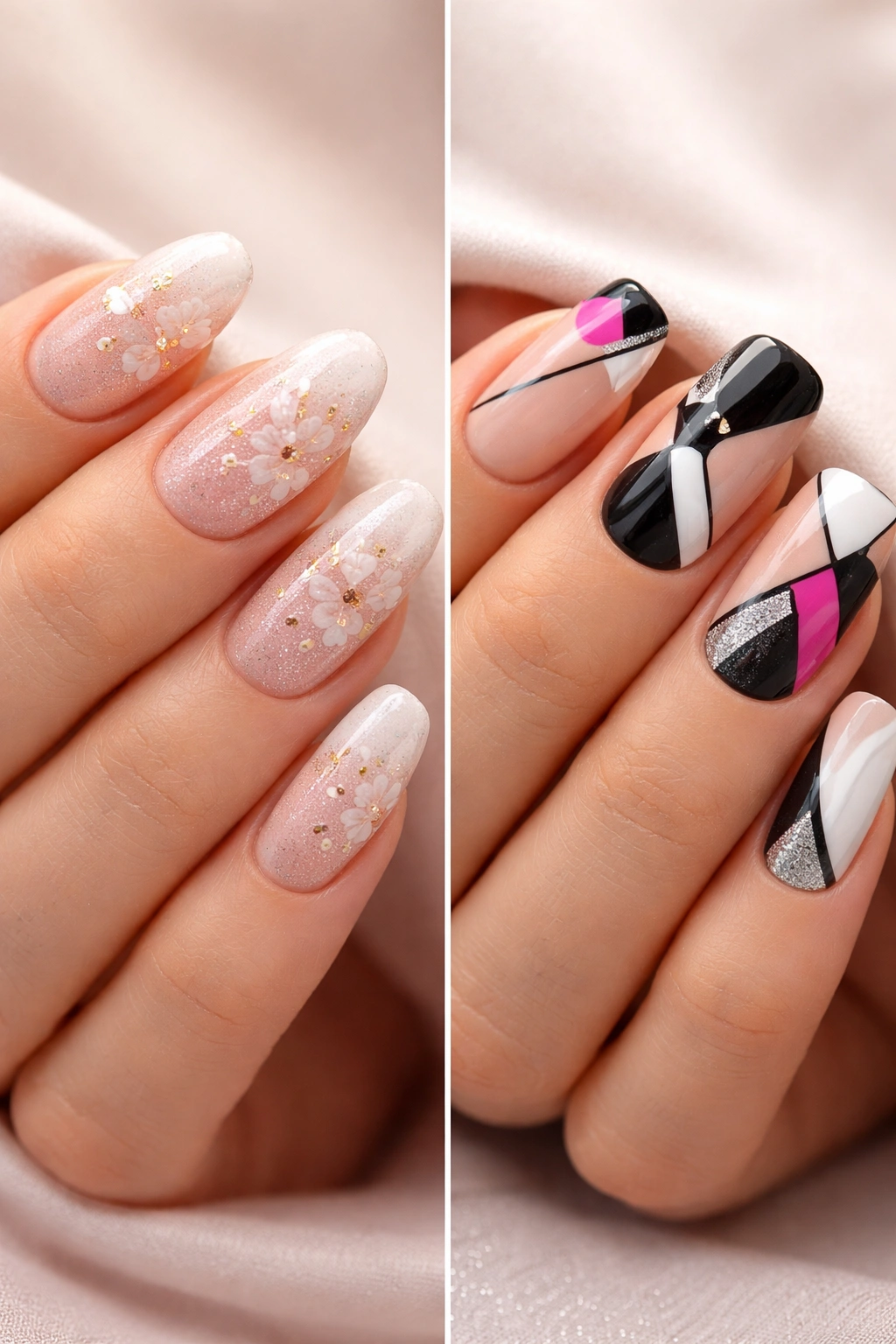 Nails with delicate art on oval and bold designs on squoval