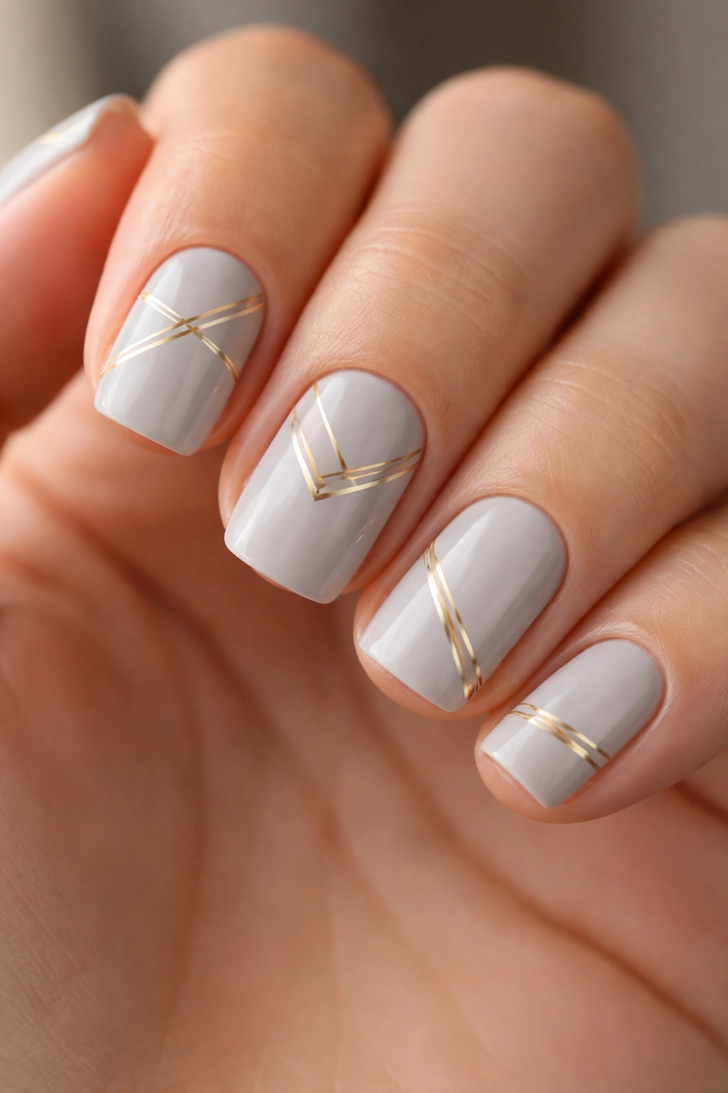 Close-up of pale gray nails with gold striping tape lines