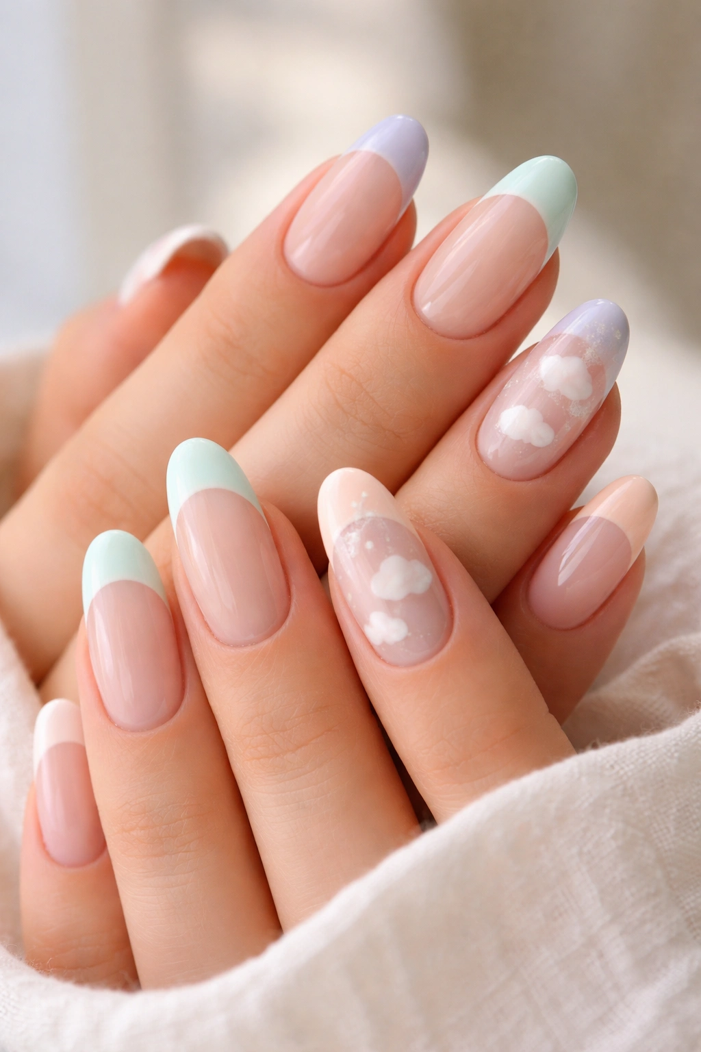 Close-up of long oval nails with pastel French tips and soft cloud nail art