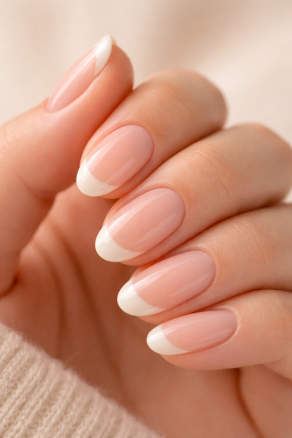 Close-up of an extra-short almond nail with sheer peach base and cream French tip.