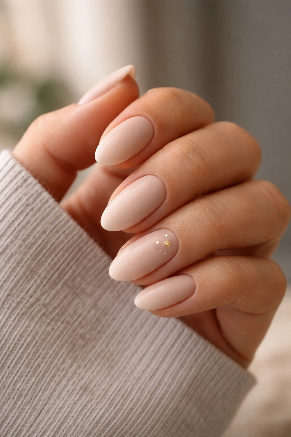 Hand with plain matte nails and subtle accent nail
