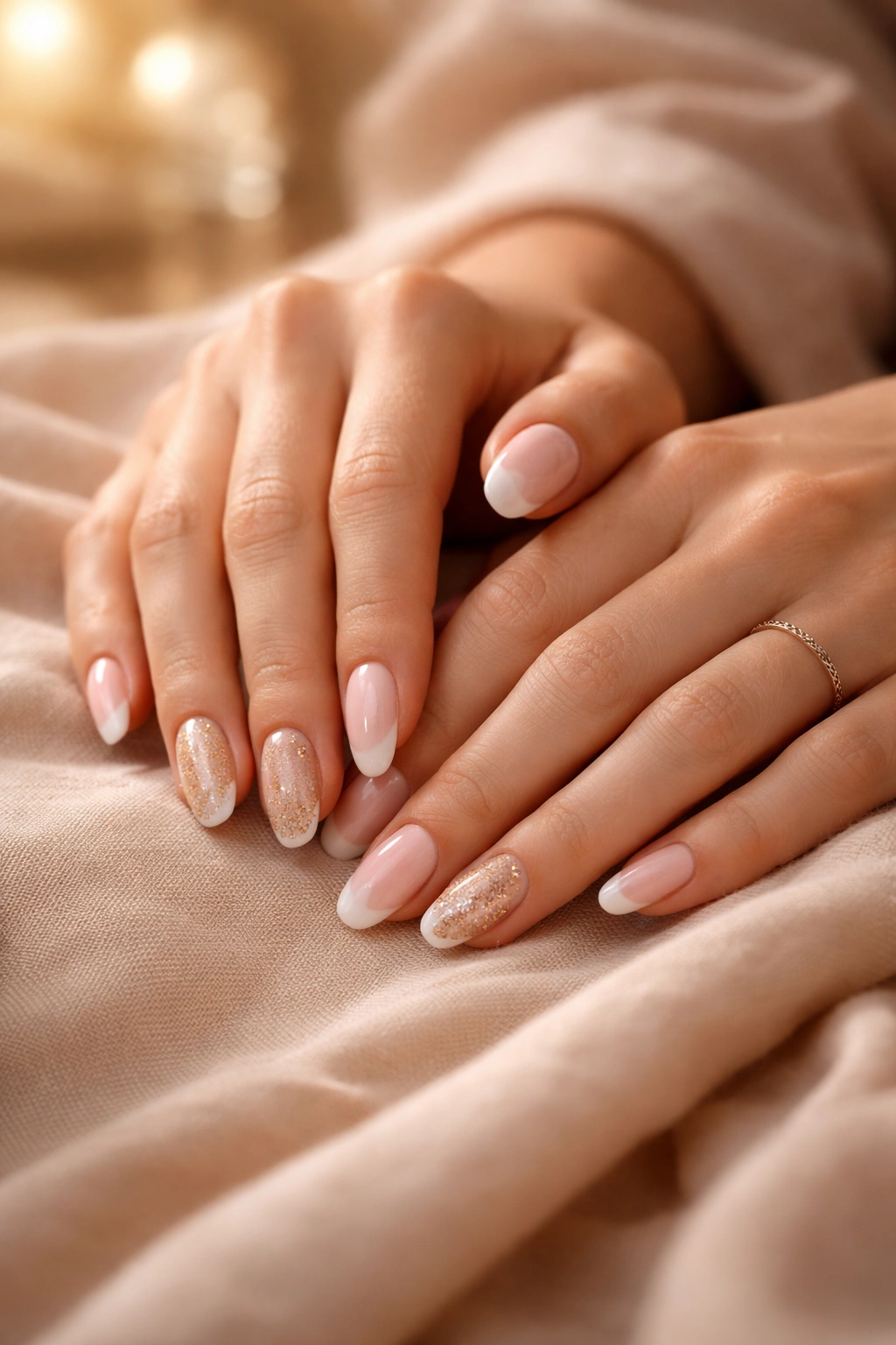 Hands with neatly manicured nails resting on soft fabric in warm lighting