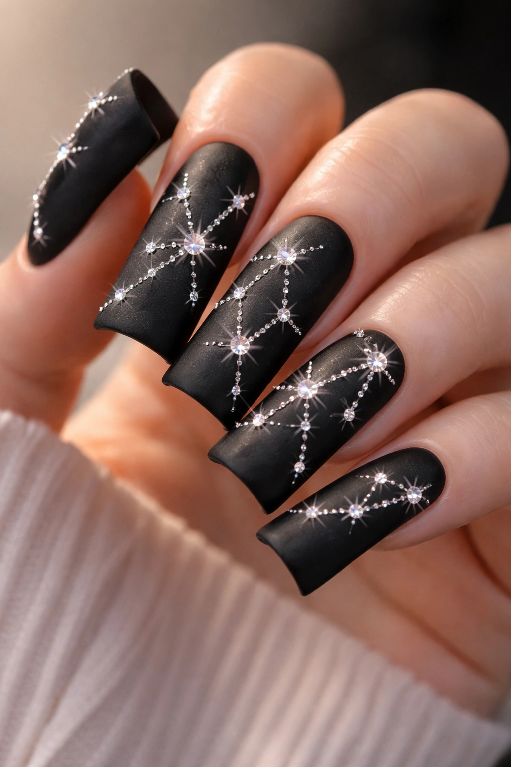 Matte black nails with a 3D rhinestone constellation