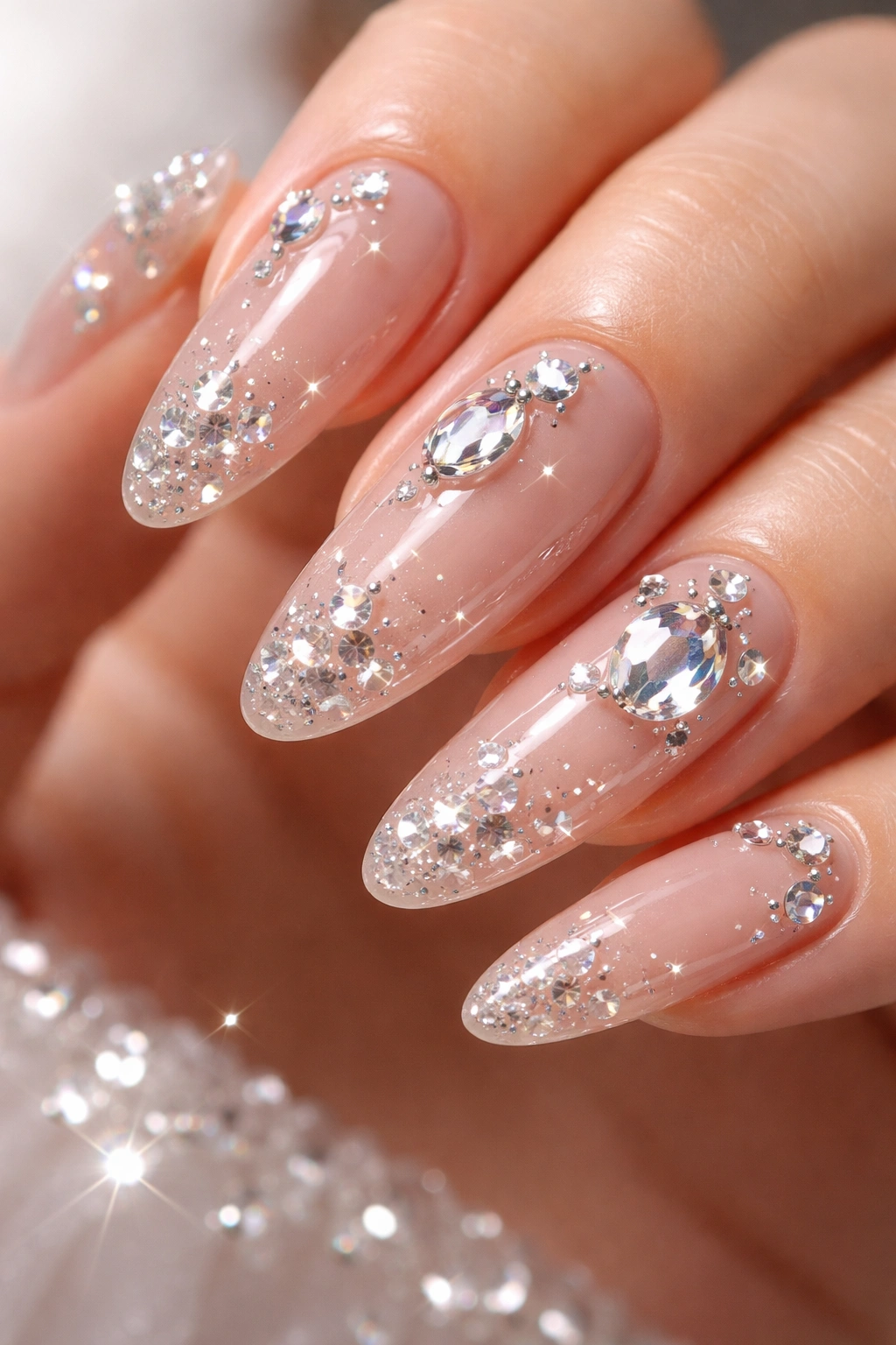 Close-up of long oval nails with a clear base and scattered rhinestones.