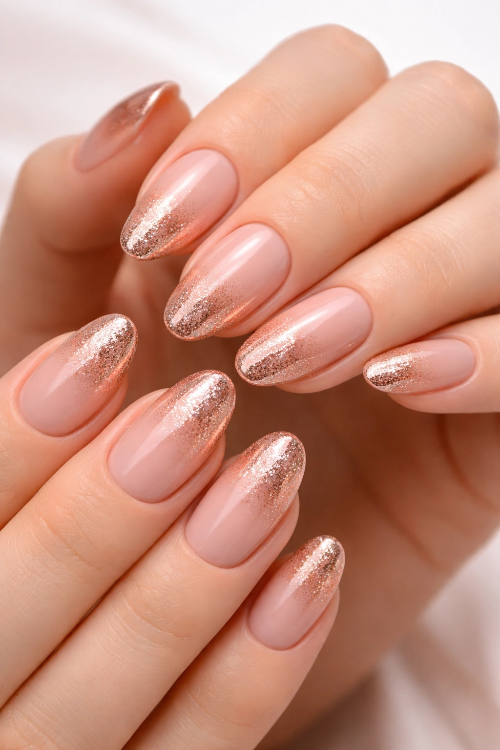 Nails with blush pink to rose gold gradient under warm studio lighting