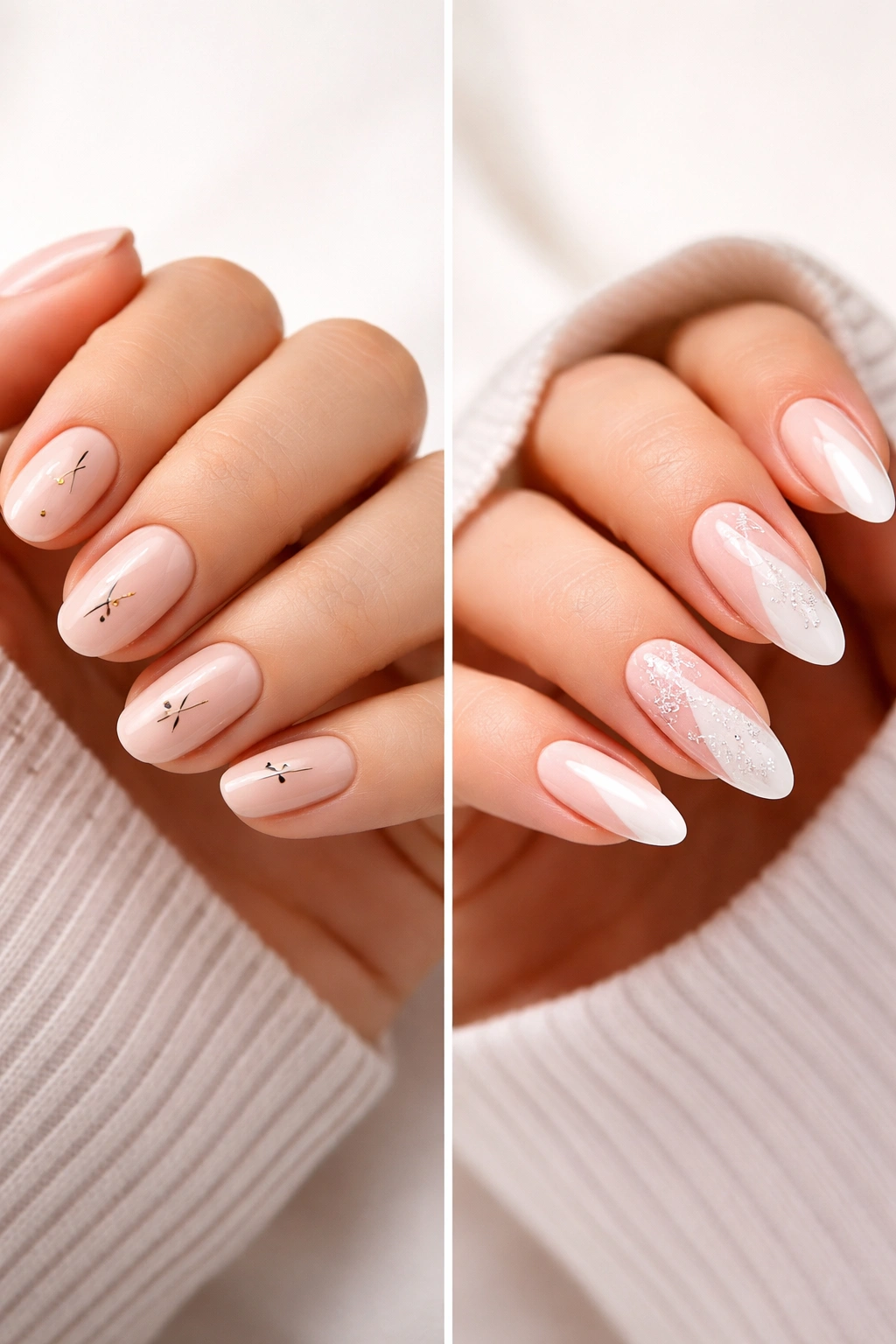 Close-up of round and almond nails with different designs