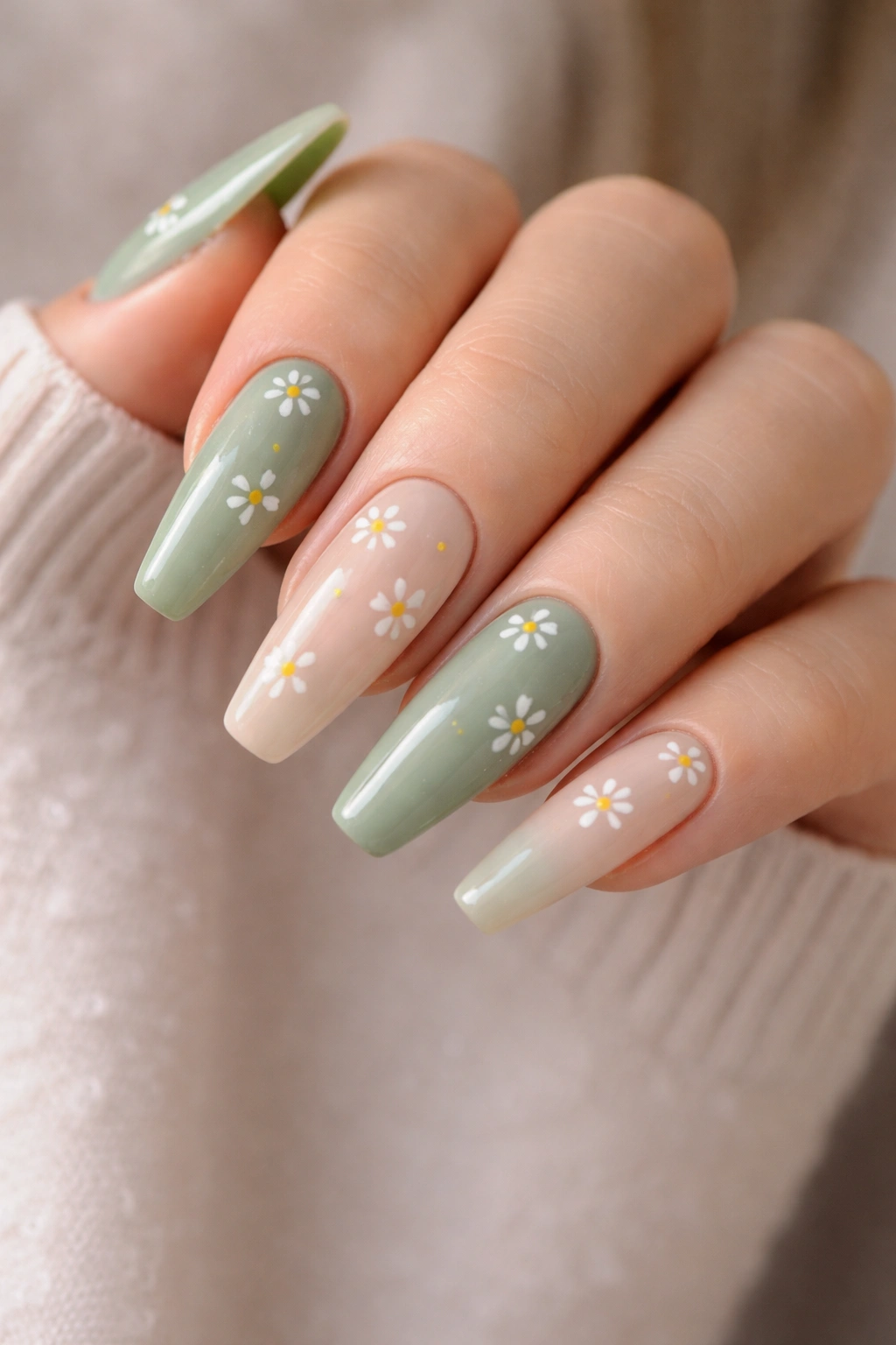 Sage green nails with small white hand-painted daisies