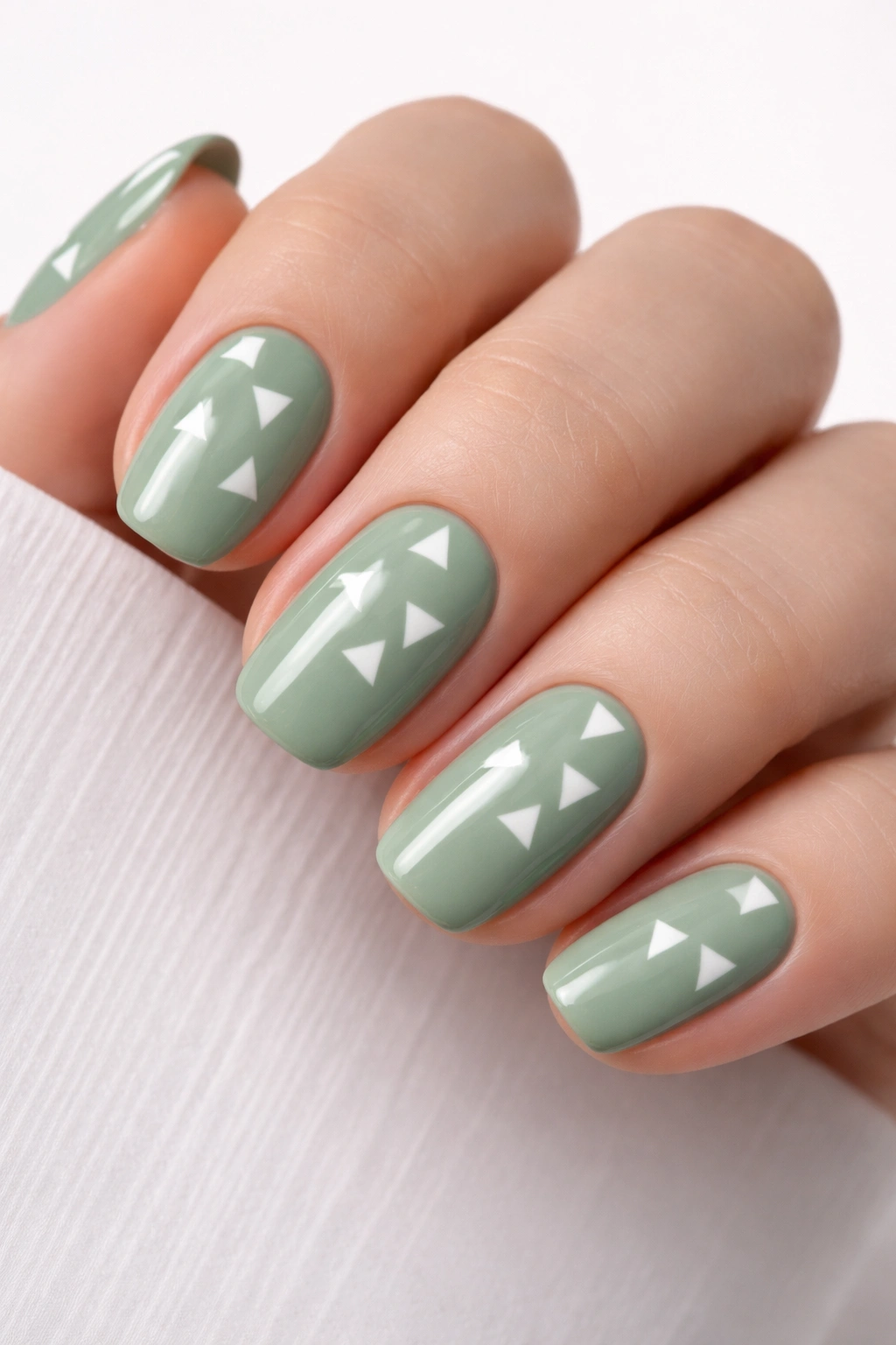Nails with sage green base and white geometric triangles