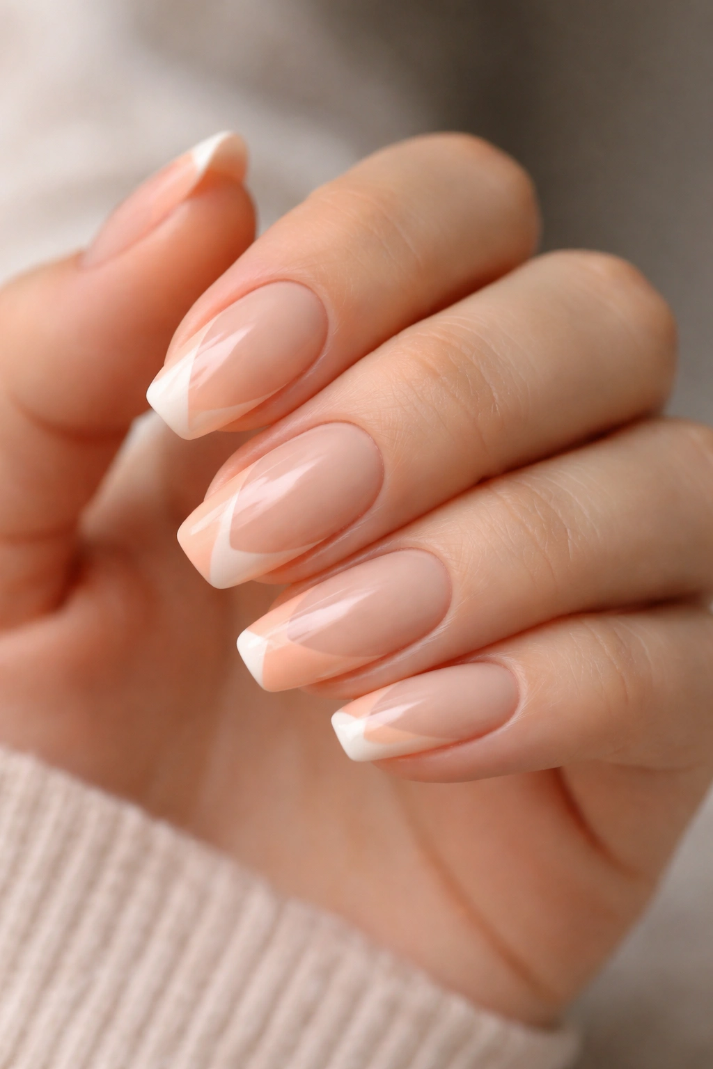 Short ballerina nails with diagonal peachy side French line