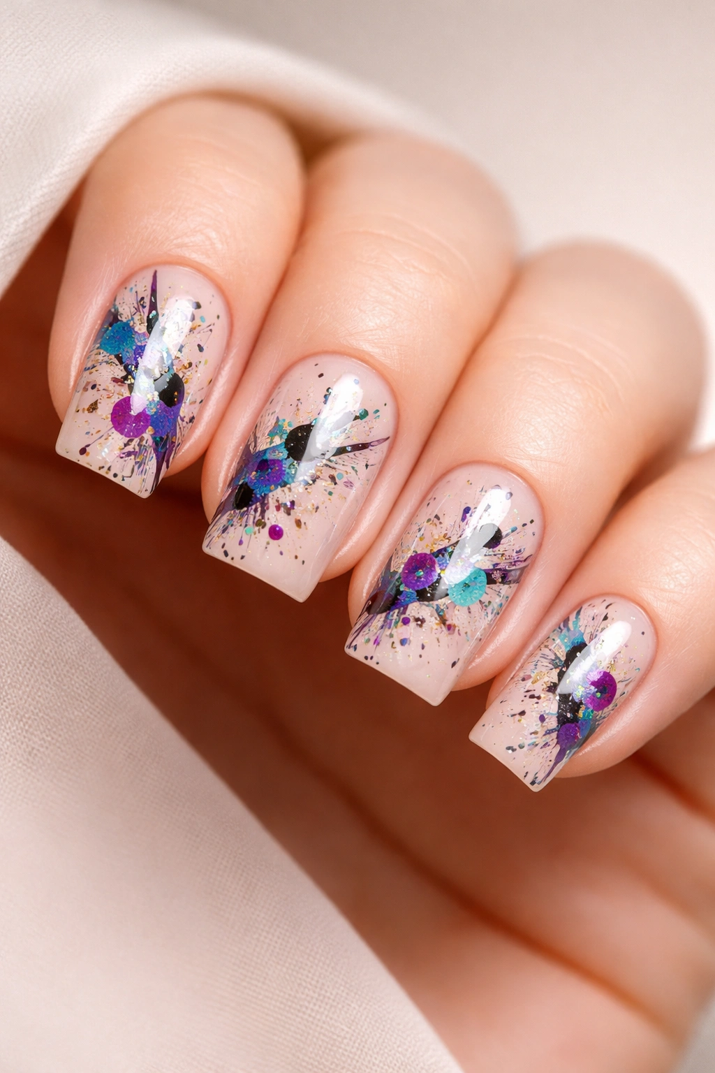 Close-up of soft square nails with nude base and black splatter nail art