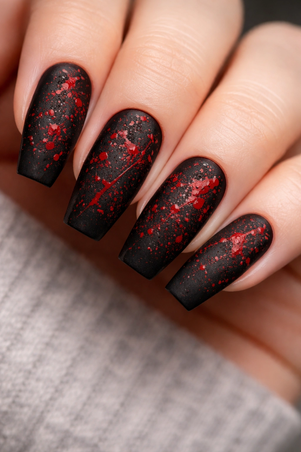 Close-up of matte black coffin nails with red splatter nail art