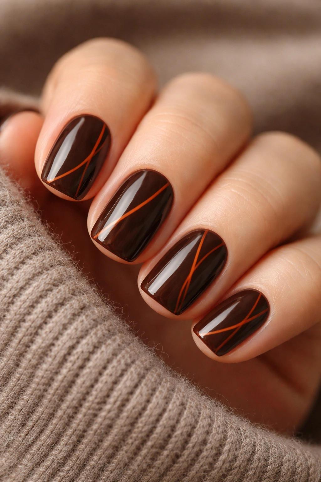 Close-up of short squoval nails with chocolate brown base and burnt orange line work
