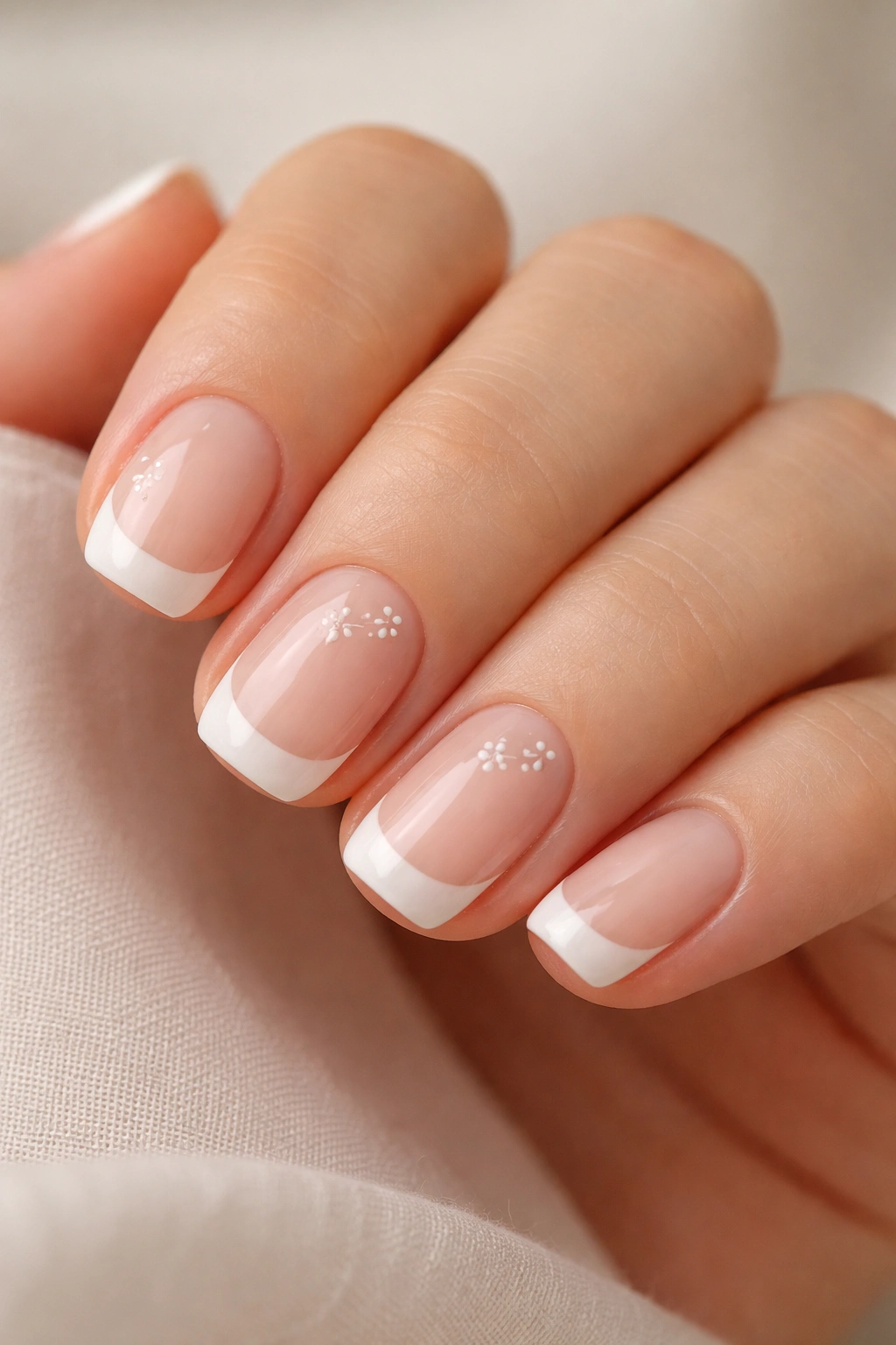 Close-up of short squoval nails with sheer white over nude base and tiny stamped motif