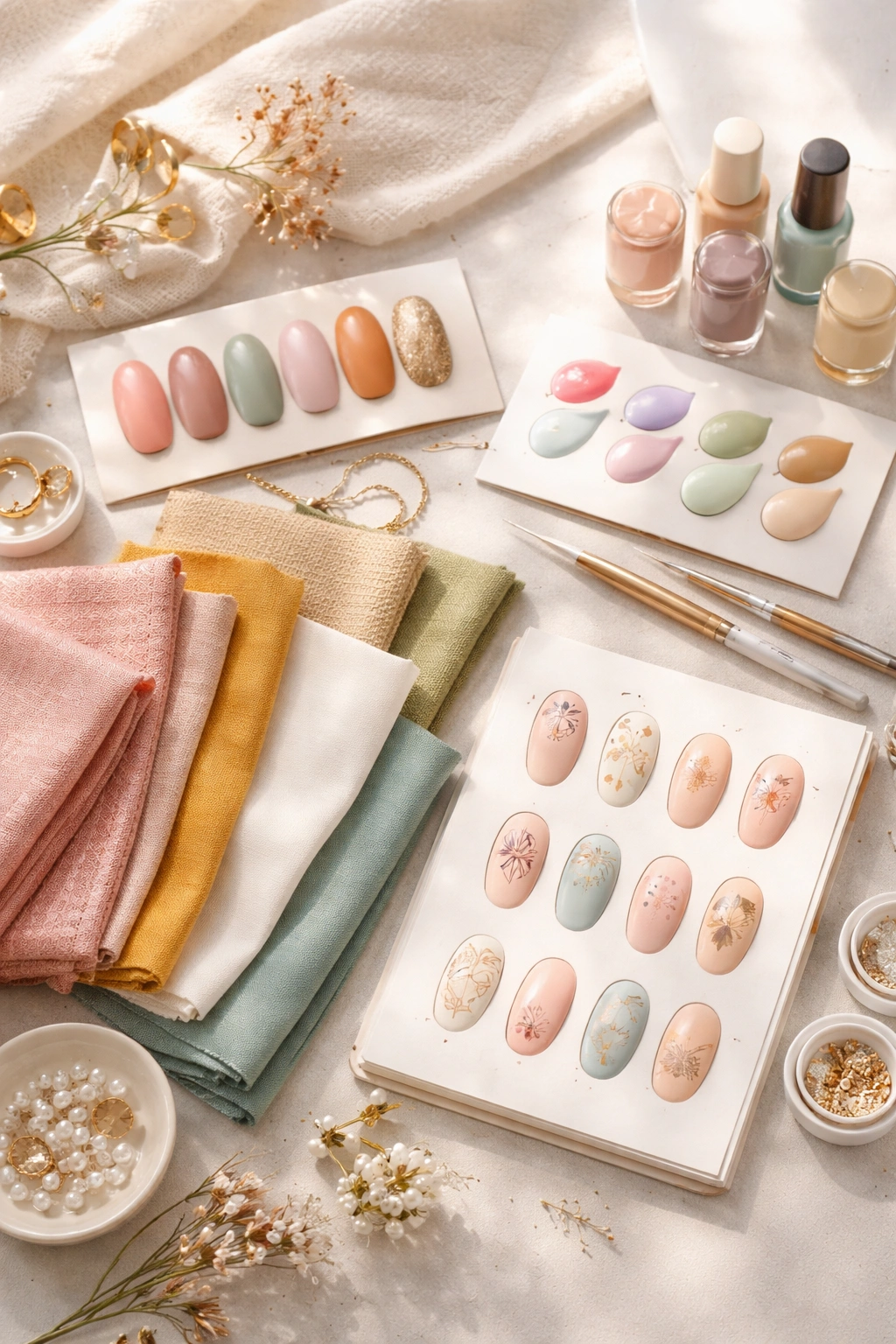 Abstract moodboard for nail style preferences with color palettes and textures