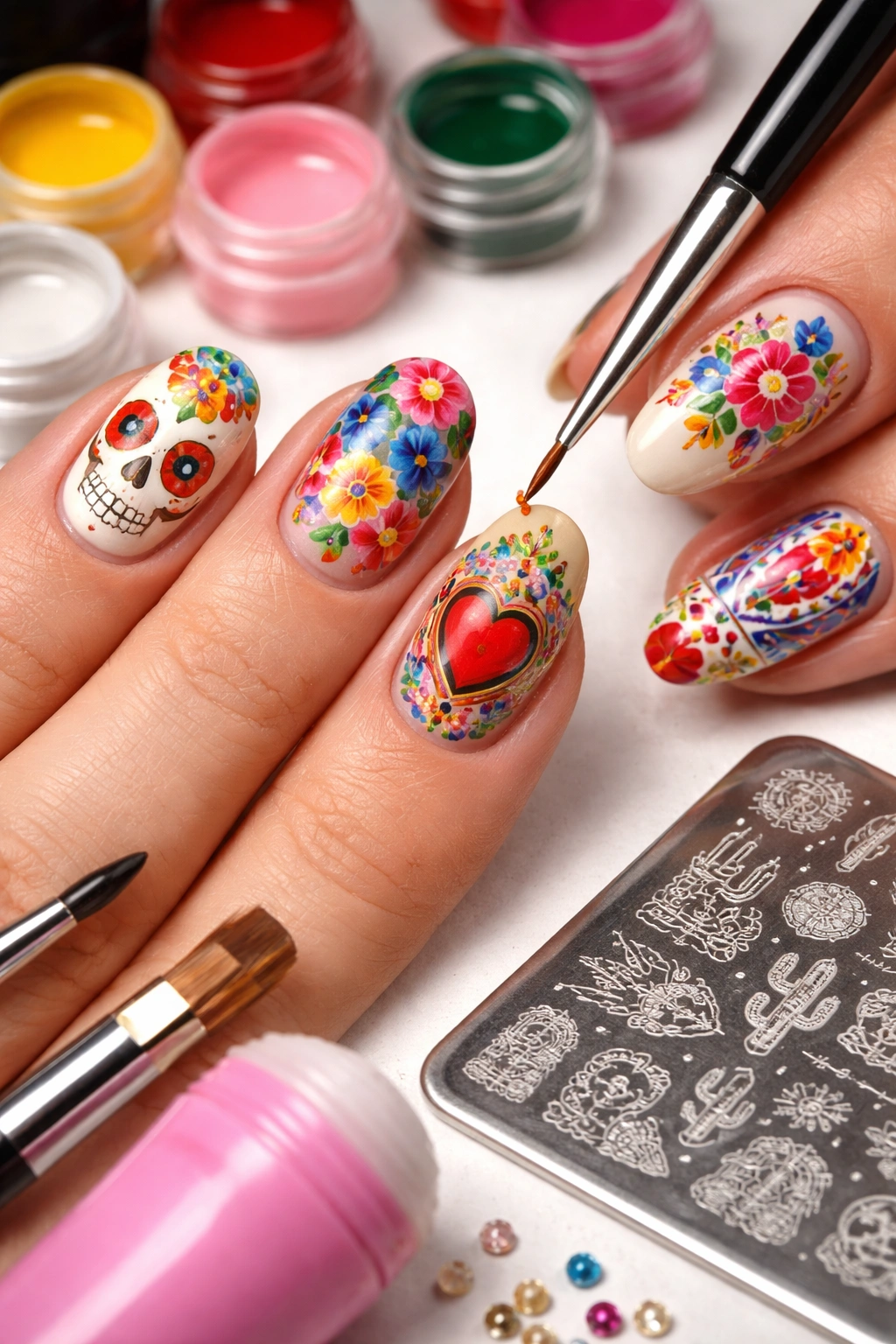 Close-up nails with detailed brushwork and stamping plate hints showing technique.