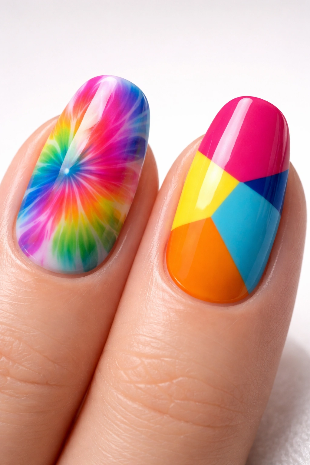 Close-up of nails showing tie-dye and colorblock designs