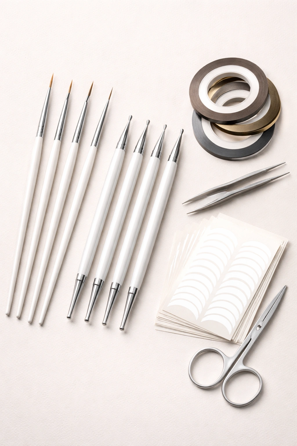 Top-down view of essential minimalist nail art tools including brushes and dotting tools
