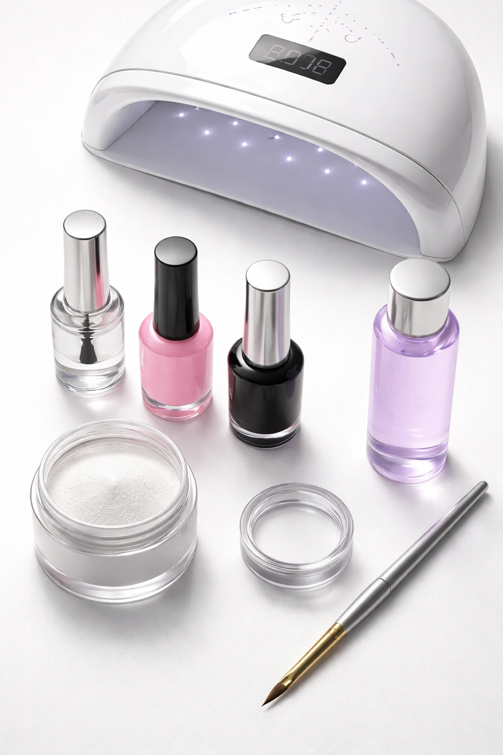Top-down arrangement of essential nail art tools and materials on a clean surface