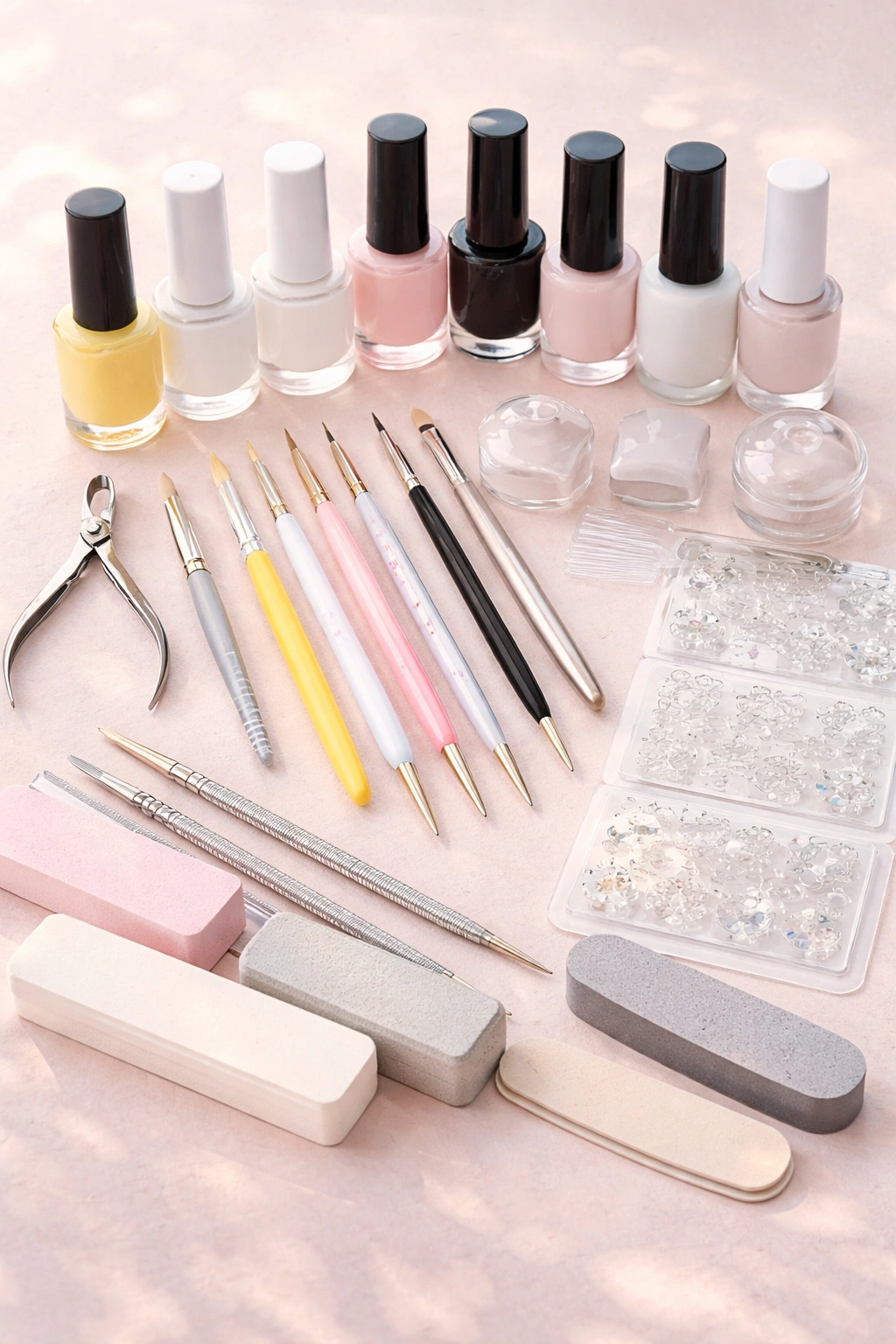Flat lay of nail tools and polishes for duck nail art